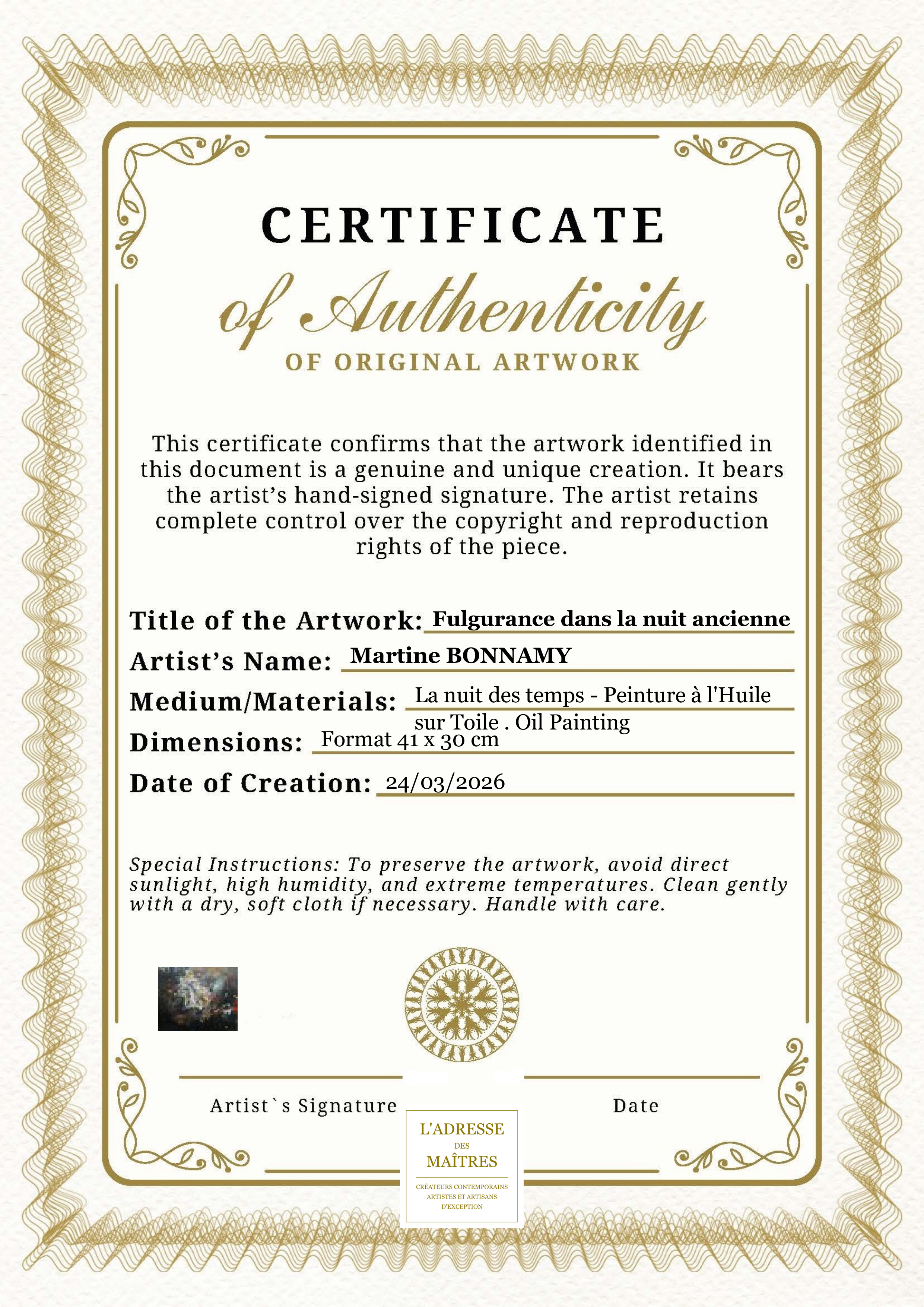 Certificat d'authenticité — Fulgurance dans la nuit ancienne — Martine BONNAMY