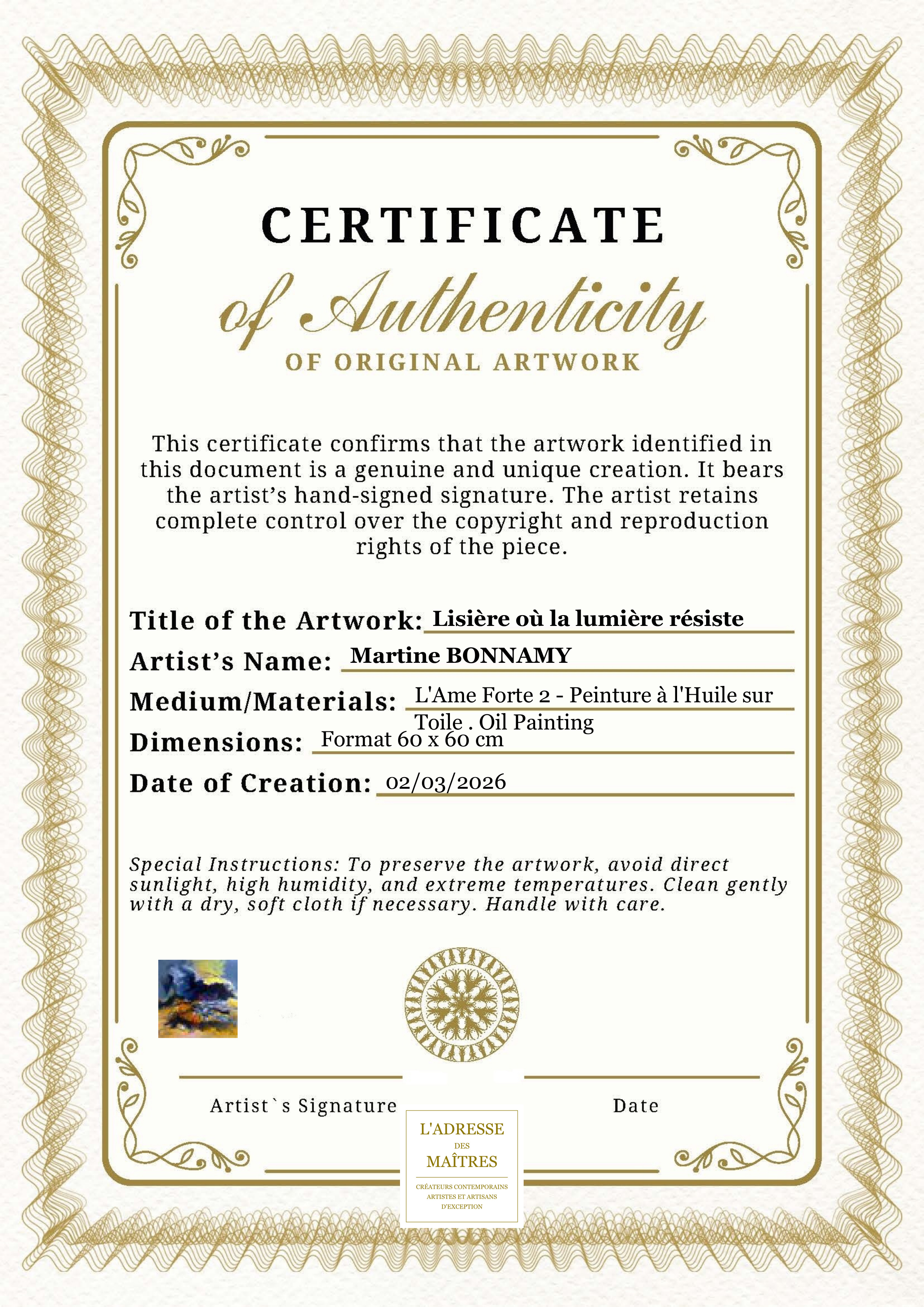 Certificat d'authenticité — Lisière où la lumière résiste — Martine BONNAMY