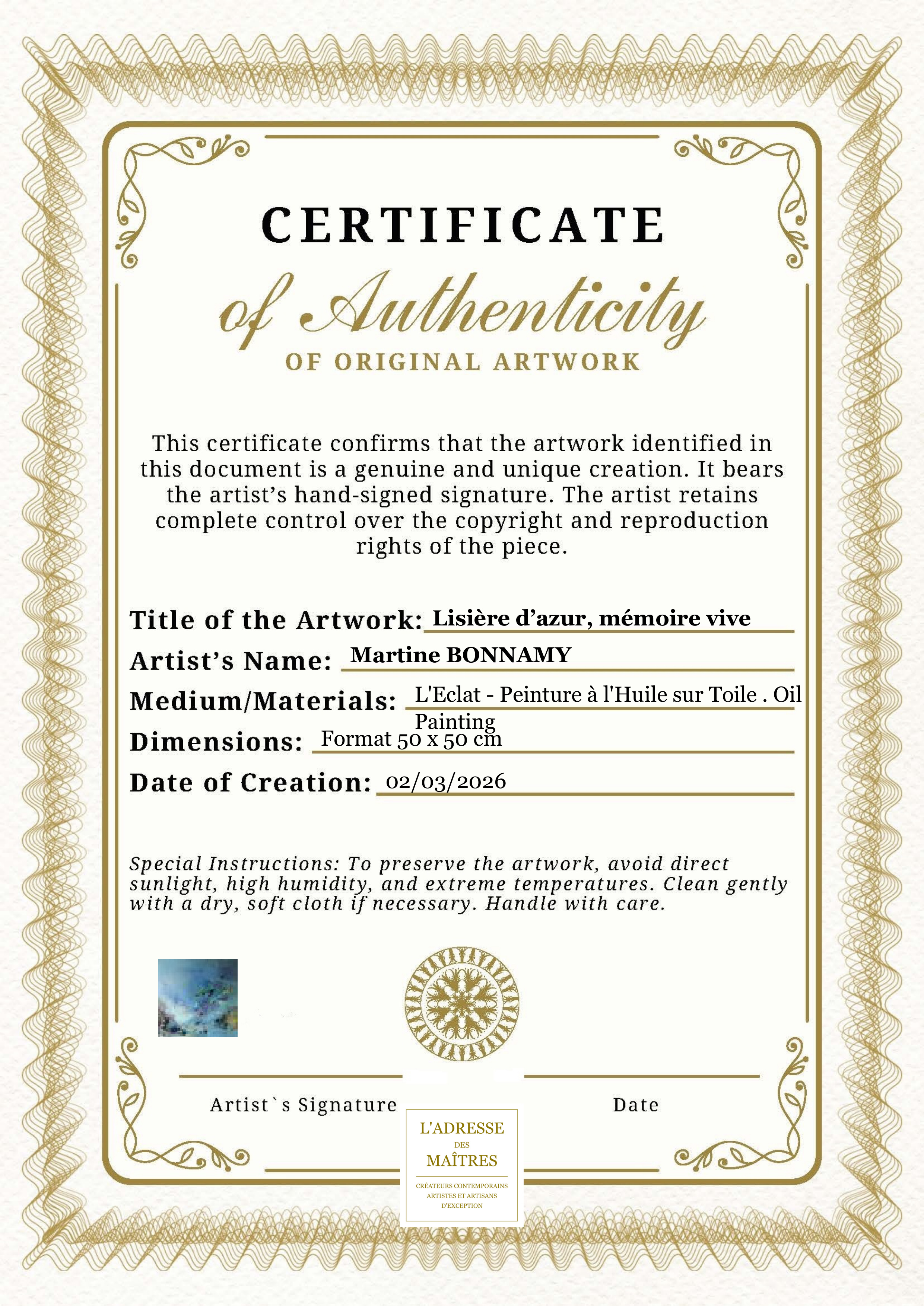 Certificat d'authenticité — Lisière d’azur, mémoire vive — Martine BONNAMY