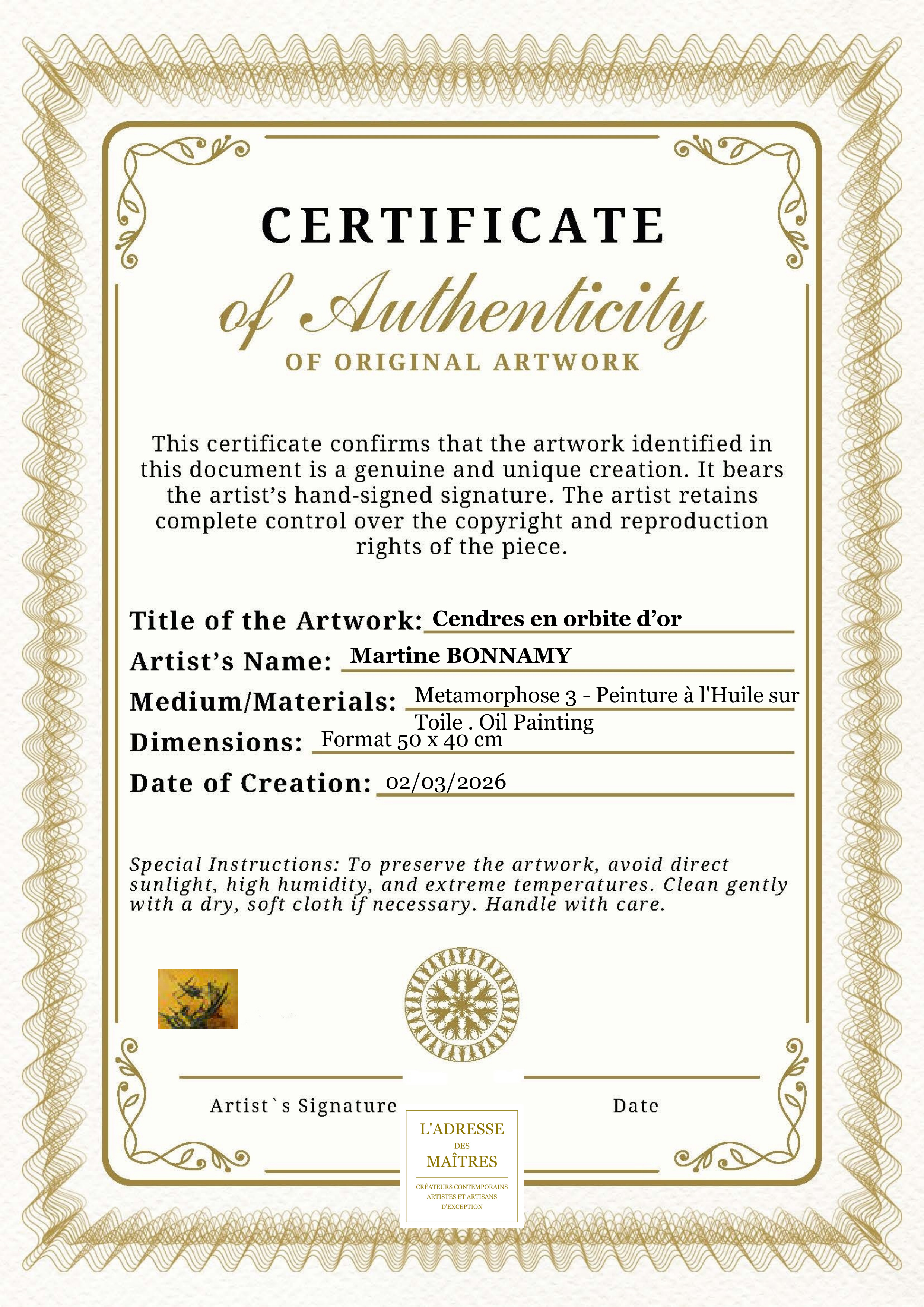 Certificat d'authenticité — Cendres en orbite d’or — Martine BONNAMY