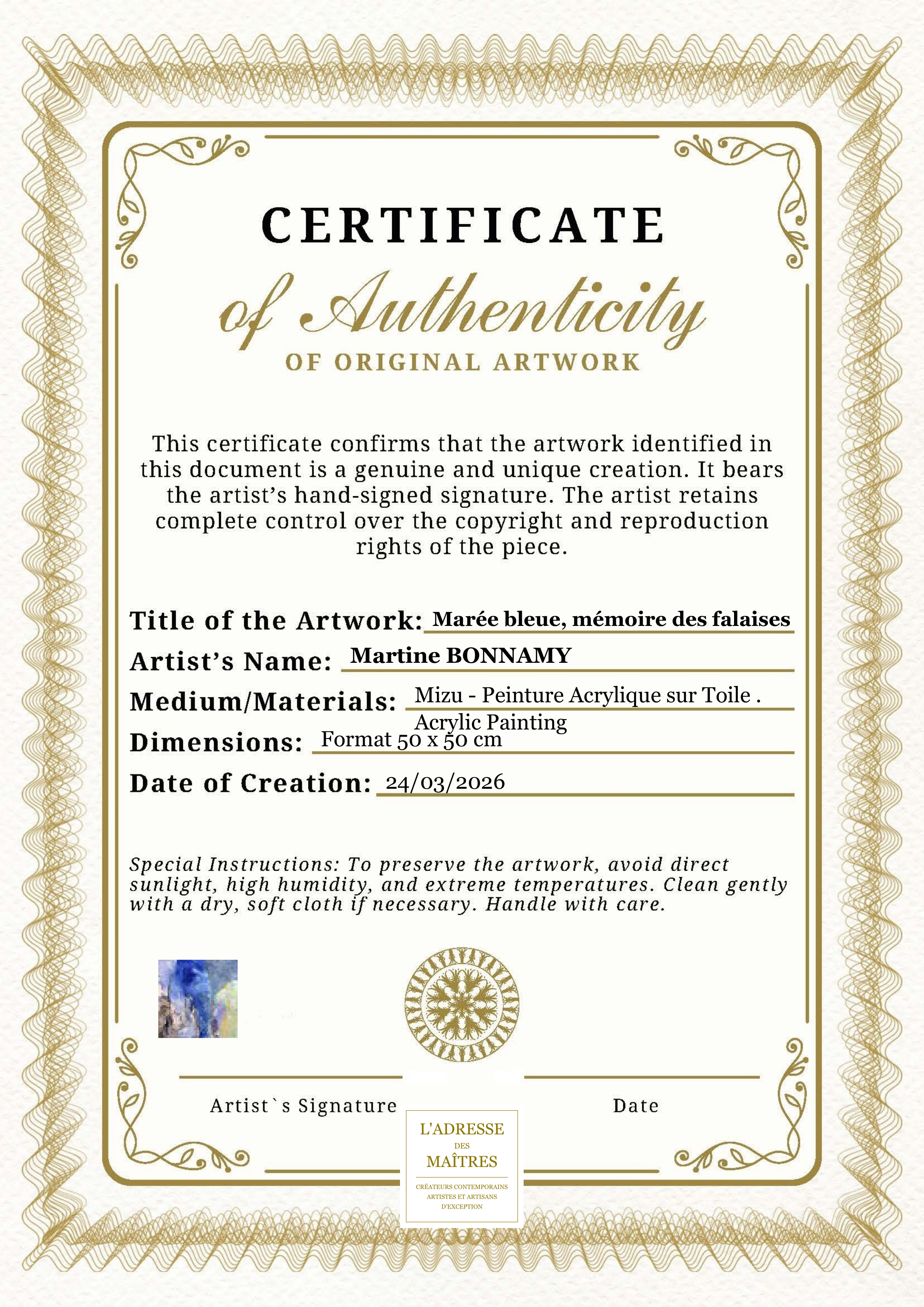 Certificat d'authenticité — Marée bleue, mémoire des falaises — Martine BONNAMY