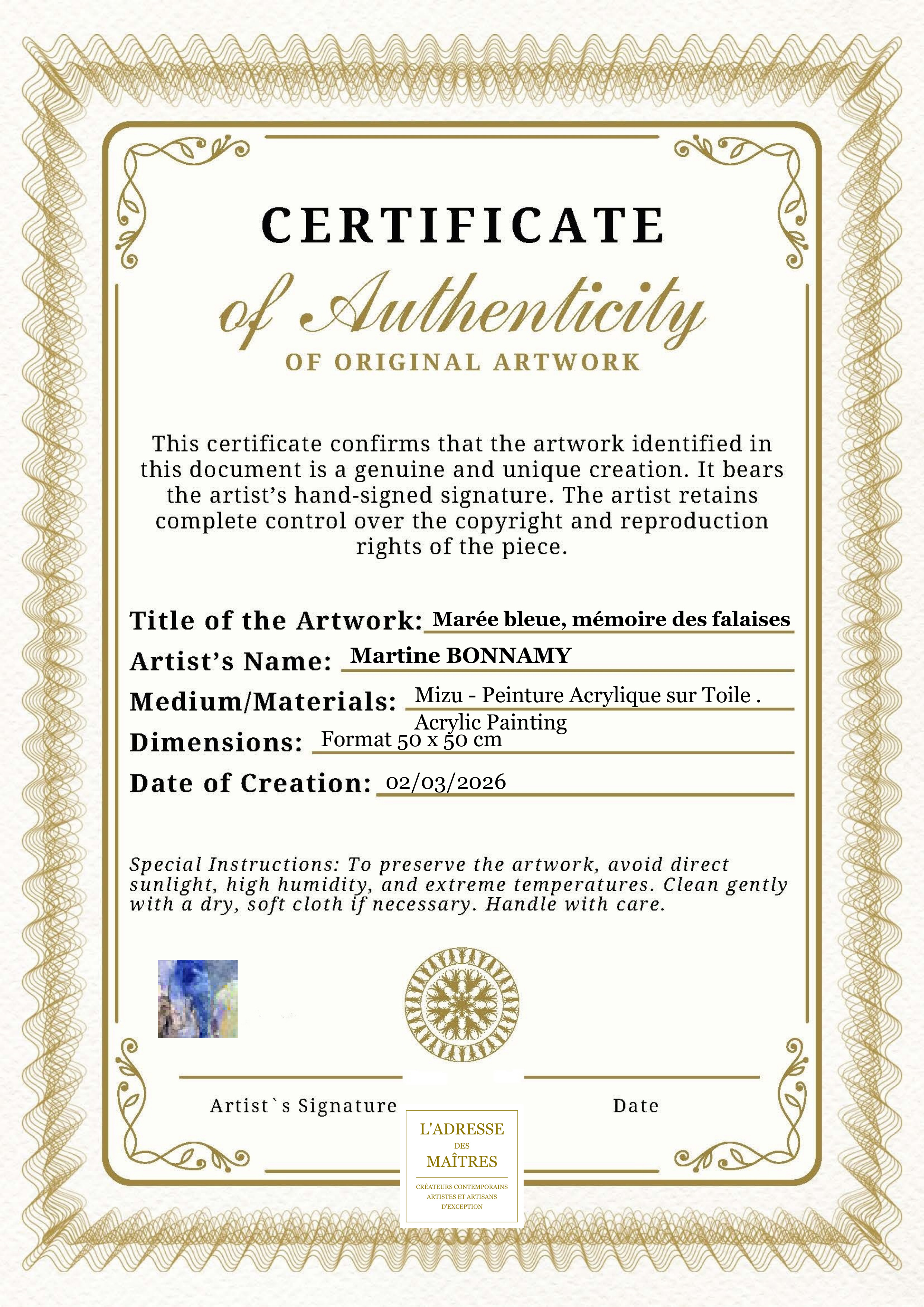 Certificat d'authenticité — Marée bleue, mémoire des falaises — Martine BONNAMY