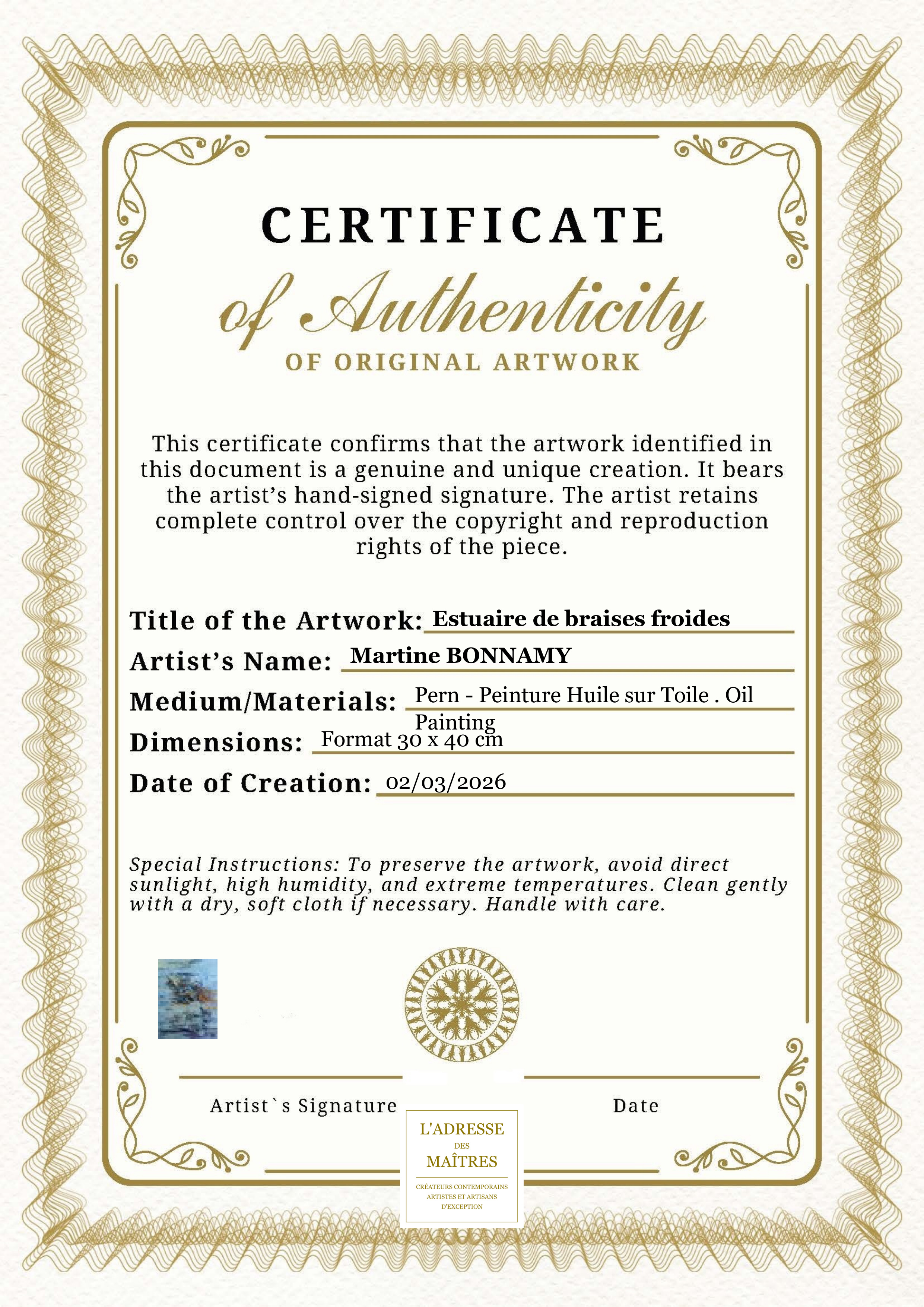 Certificat d'authenticité — Estuaire de braises froides — Martine BONNAMY