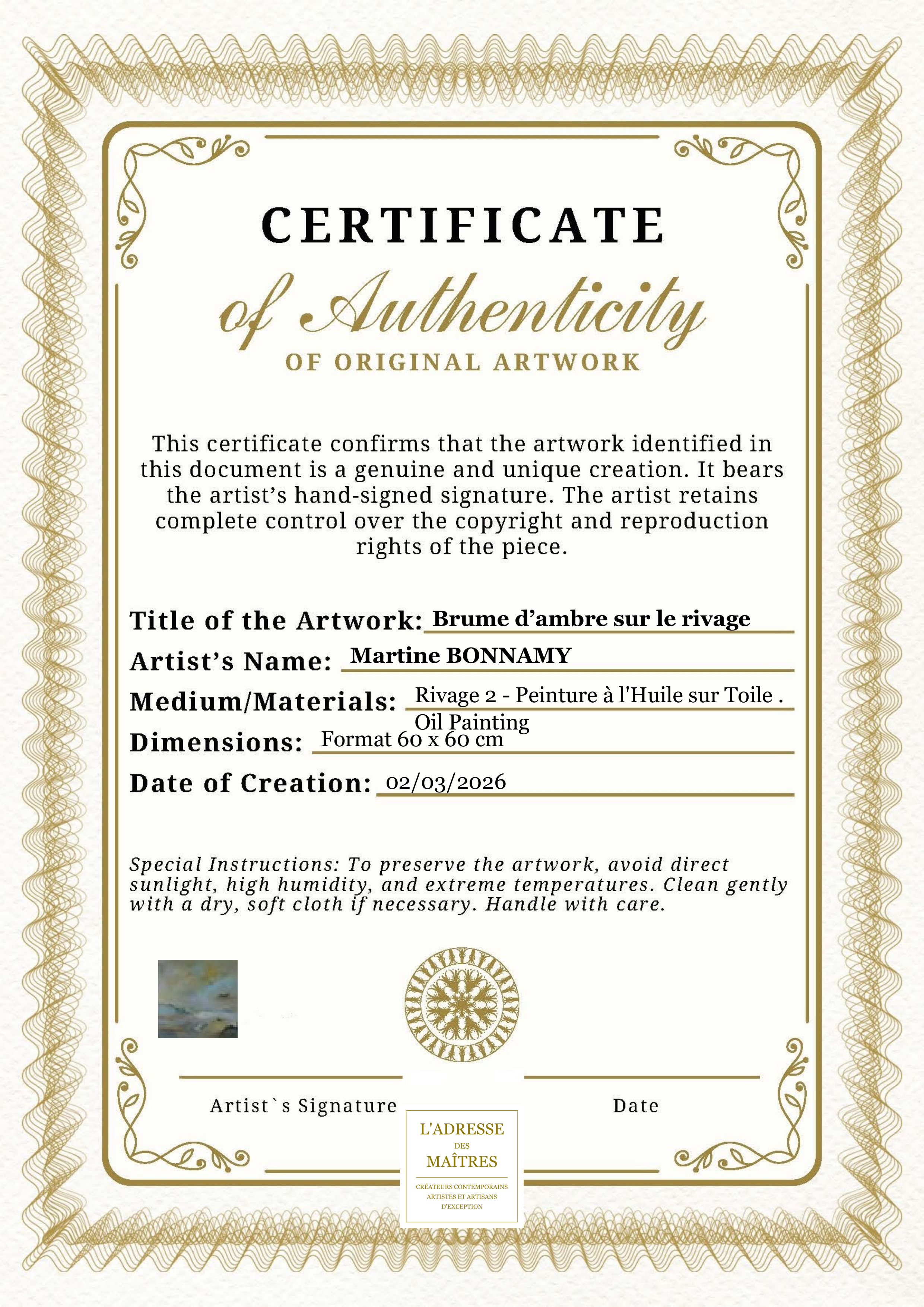 Certificat d'authenticité — Brume d’ambre sur le rivage — Martine BONNAMY