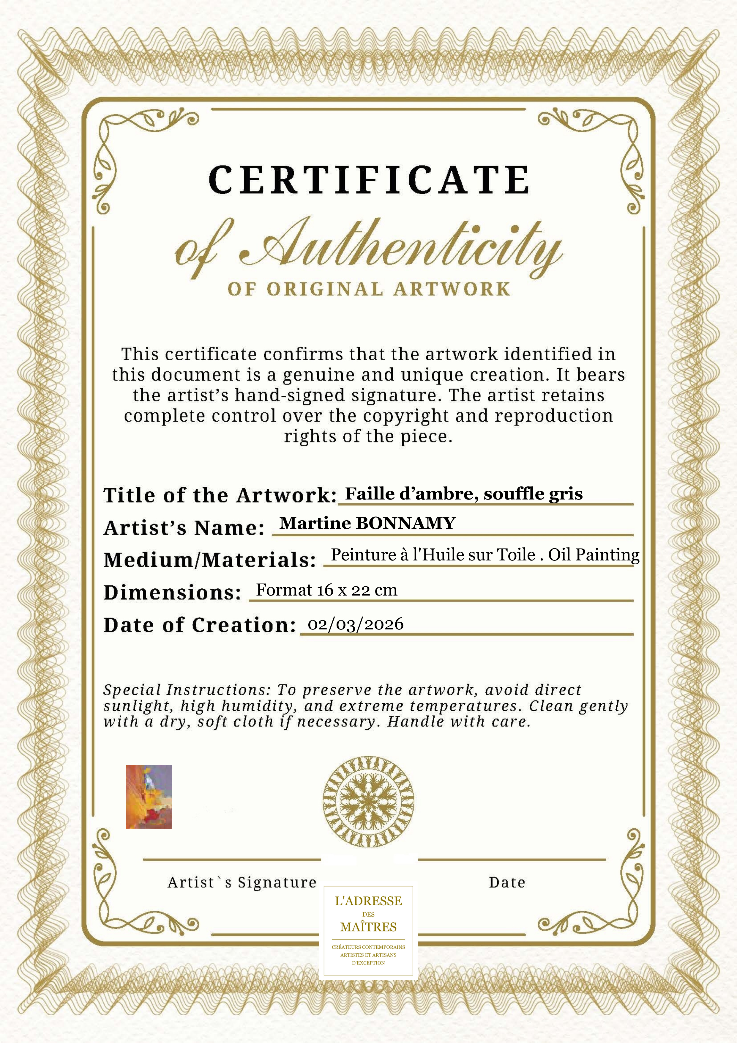 Certificat d'authenticité — Faille d’ambre, souffle gris — Martine BONNAMY