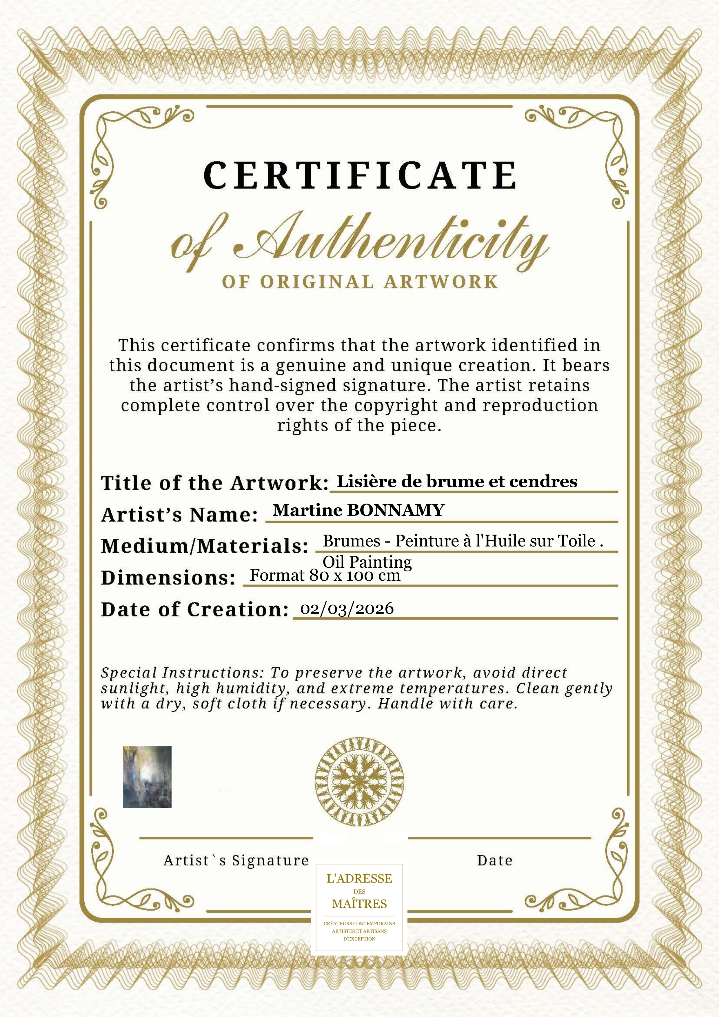 Certificat d'authenticité — Lisière de brume et cendres — Martine BONNAMY