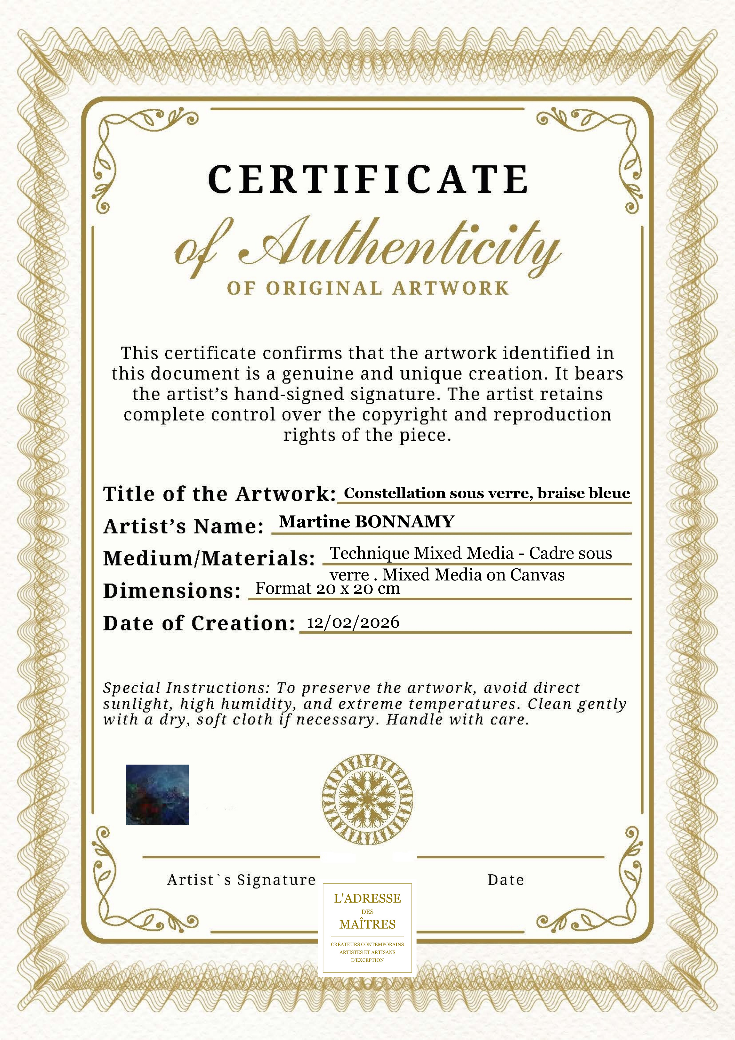 Certificat d'authenticité — Constellation sous verre, braise bleue — Martine BONNAMY