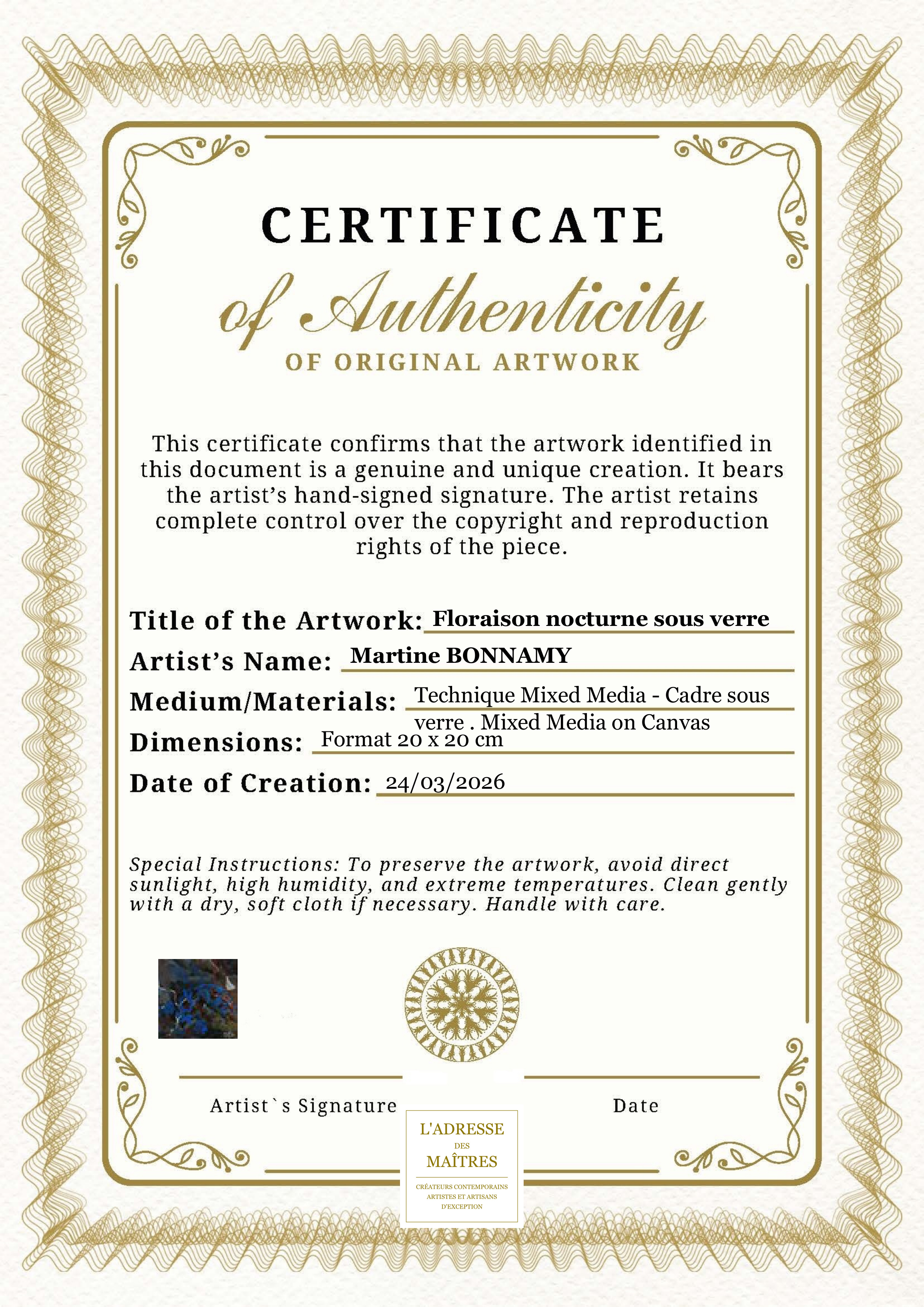 Certificat d'authenticité — Floraison nocturne sous verre — Martine BONNAMY