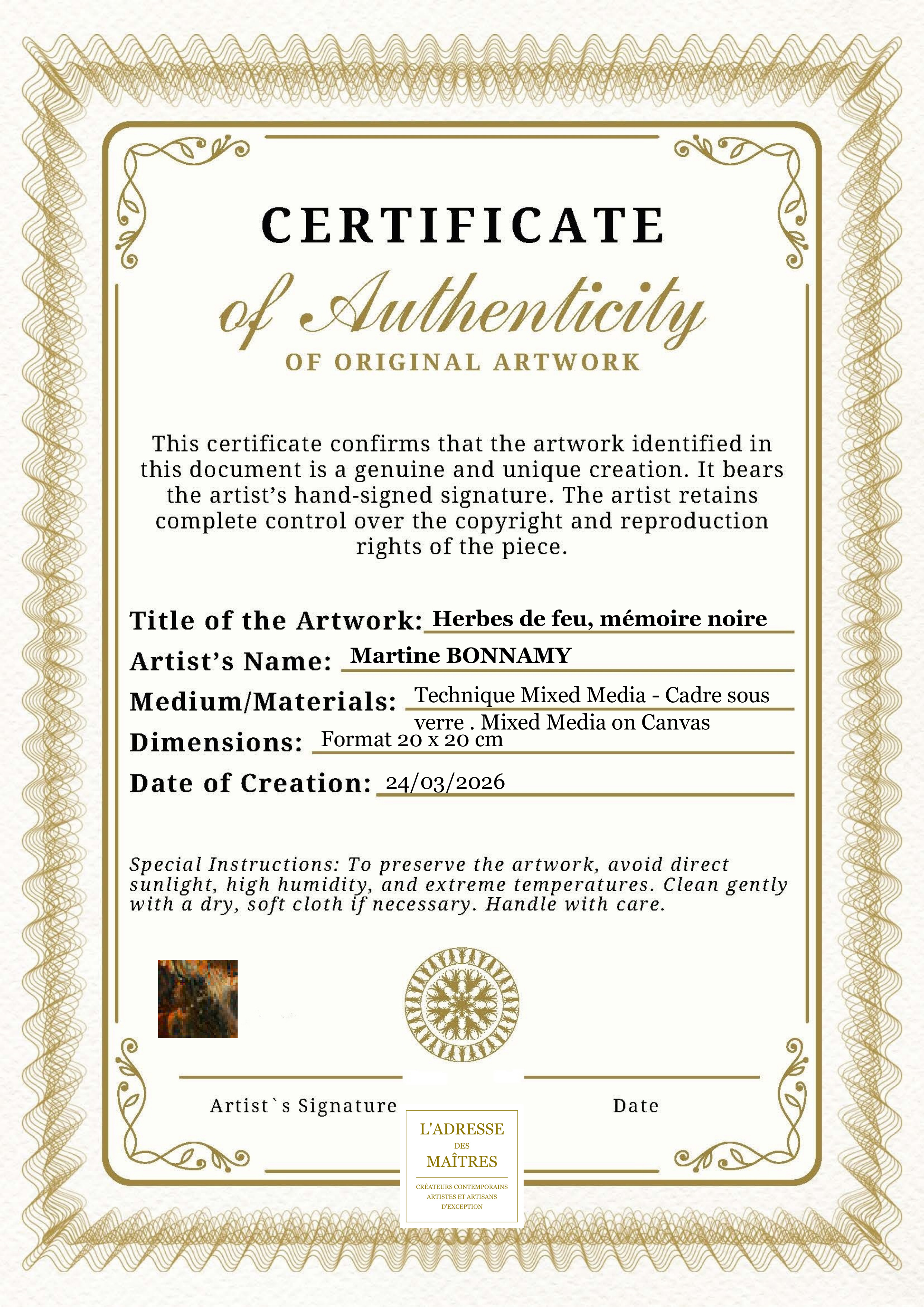 Certificat d'authenticité — Herbes de feu, mémoire noire — Martine BONNAMY