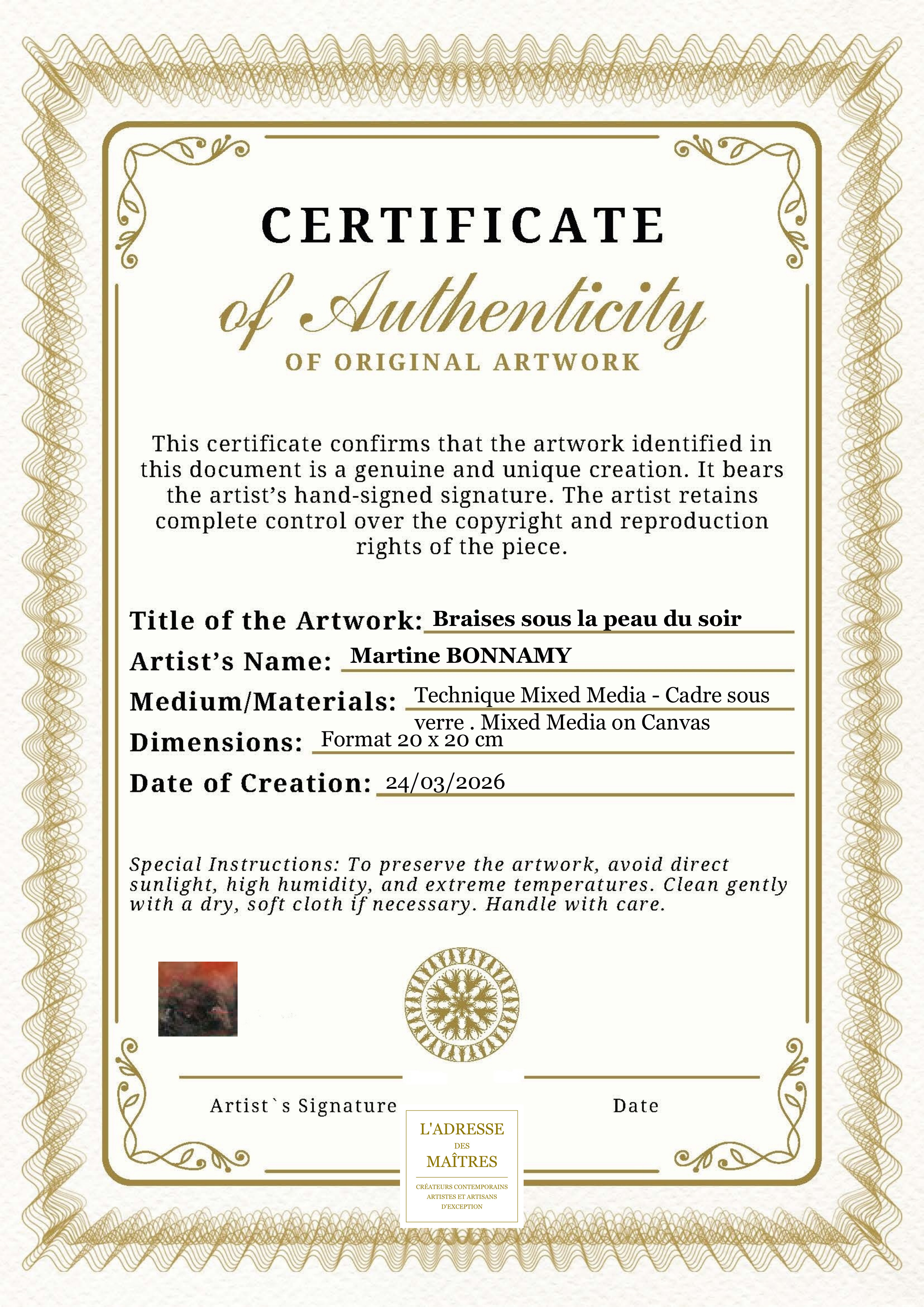 Certificat d'authenticité — Braises sous la peau du soir — Martine BONNAMY