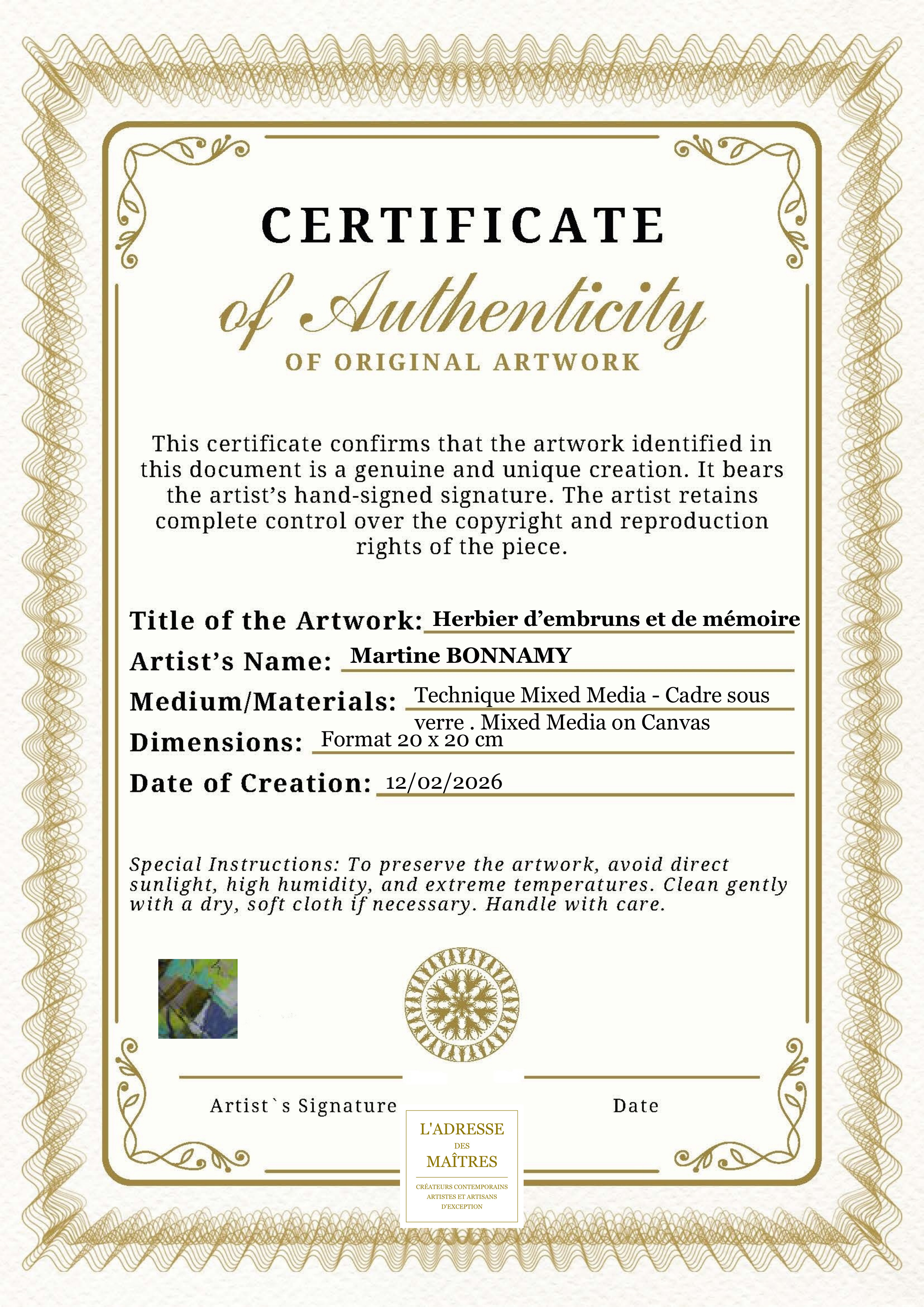 Certificat d'authenticité — Herbier d’embruns et de mémoire — Martine BONNAMY