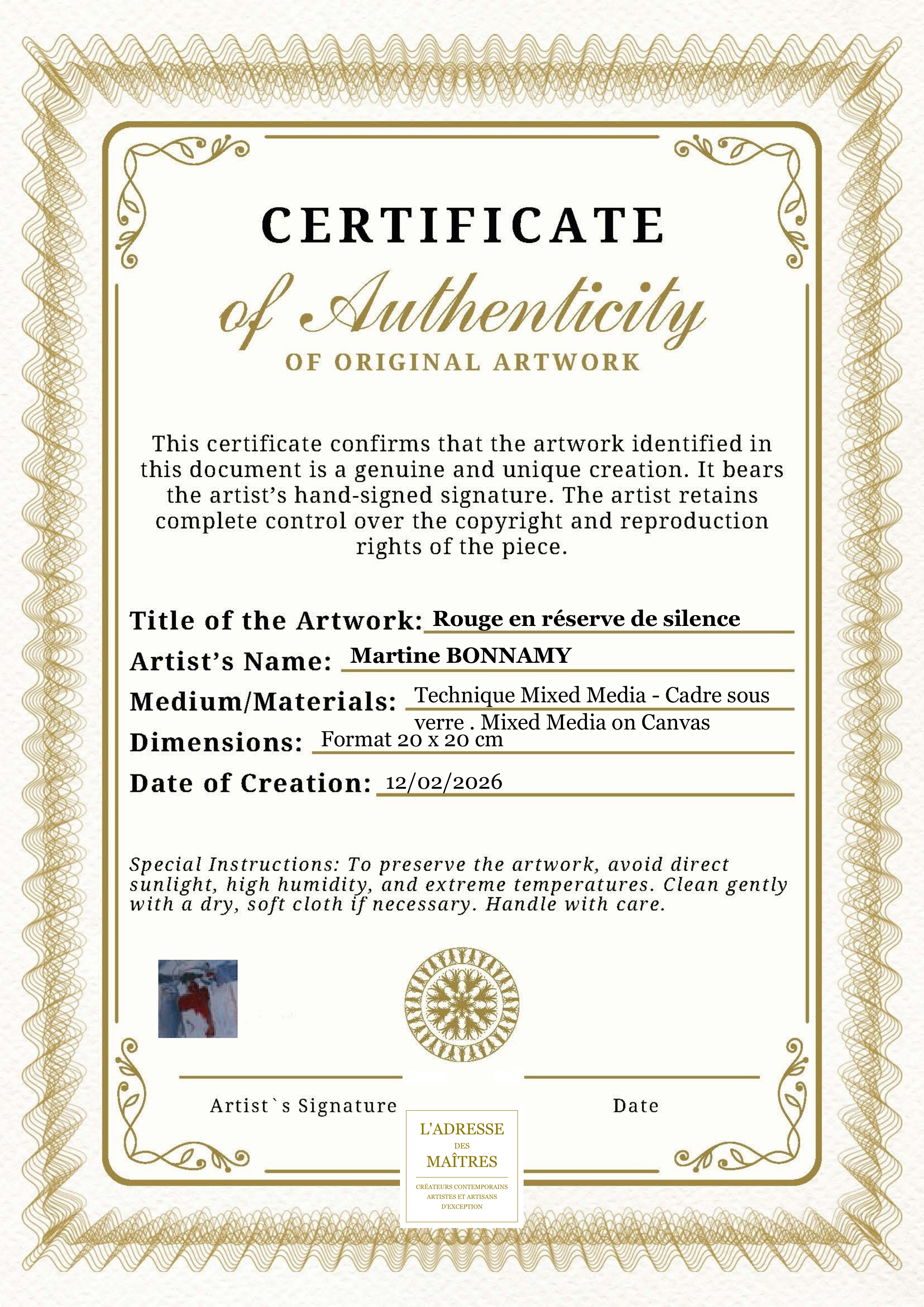 Certificat d'authenticité — Rouge en réserve de silence — Martine BONNAMY
