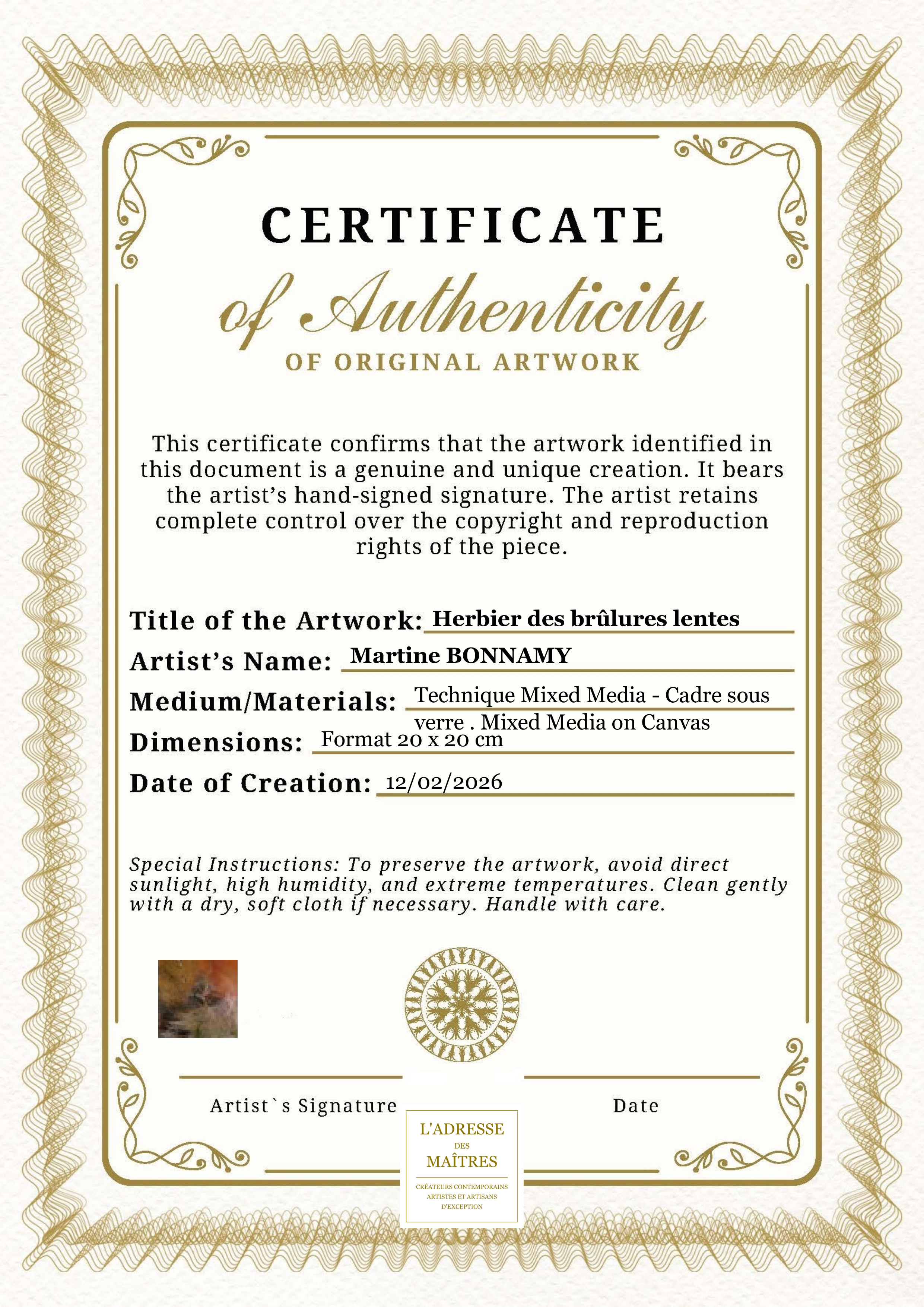 Certificat d'authenticité — Herbier des brûlures lentes — Martine BONNAMY