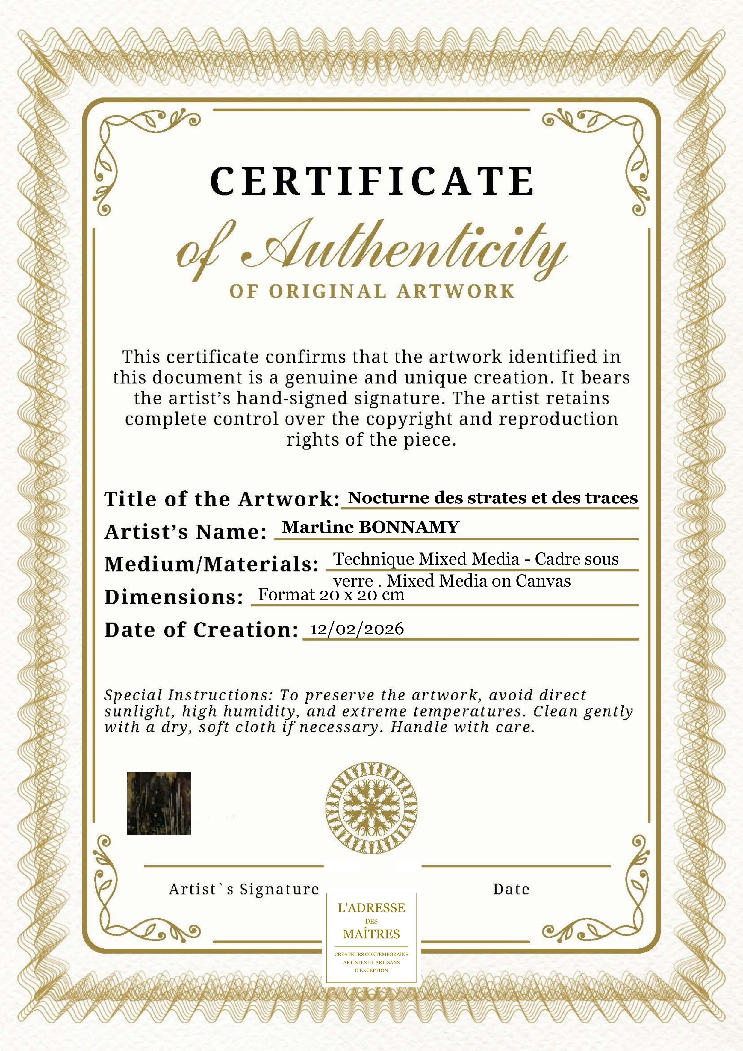 Certificat d'authenticité — Nocturne des strates et des traces — Martine BONNAMY