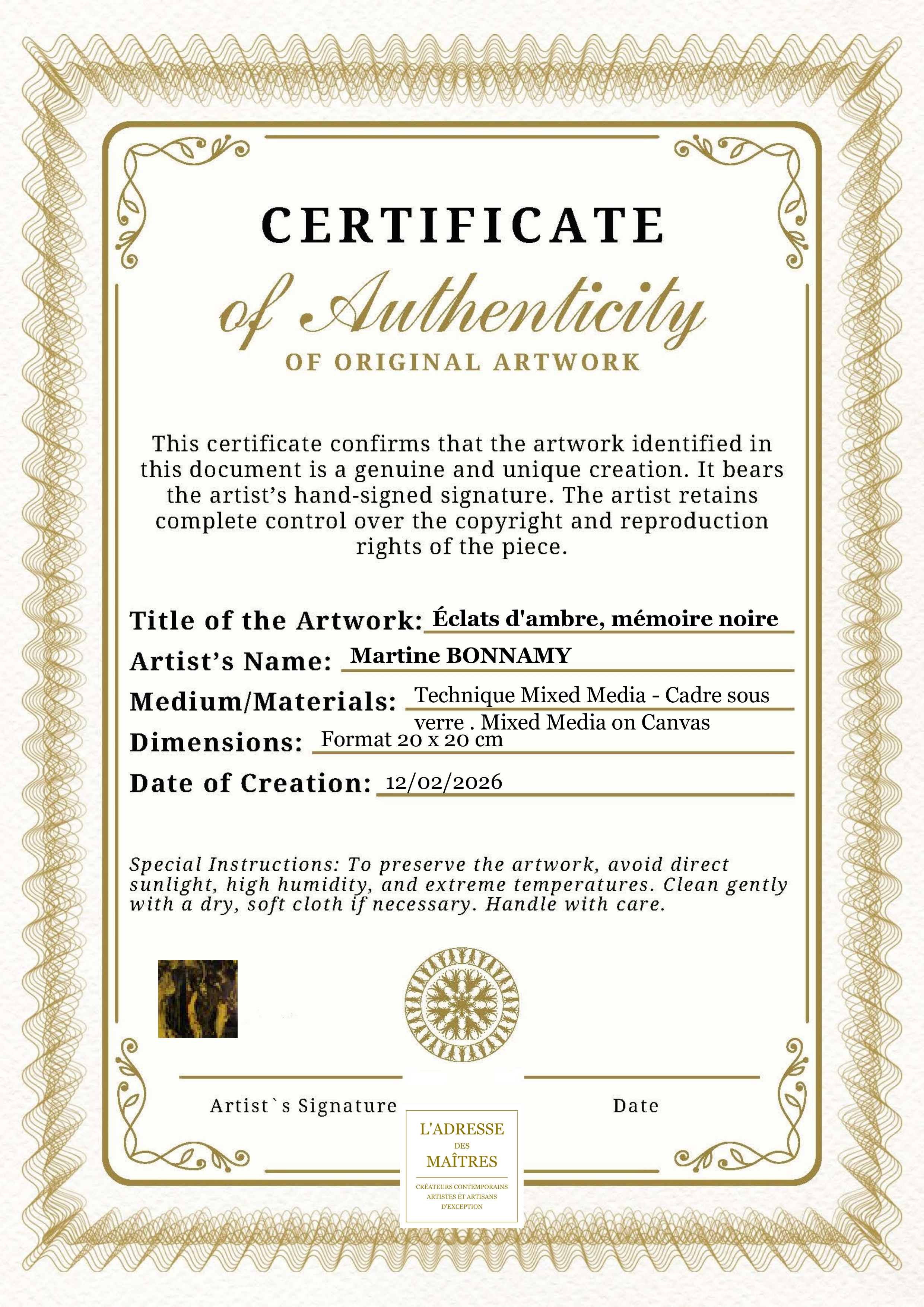 Certificat d'authenticité — Éclats d'ambre, mémoire noire — Martine BONNAMY