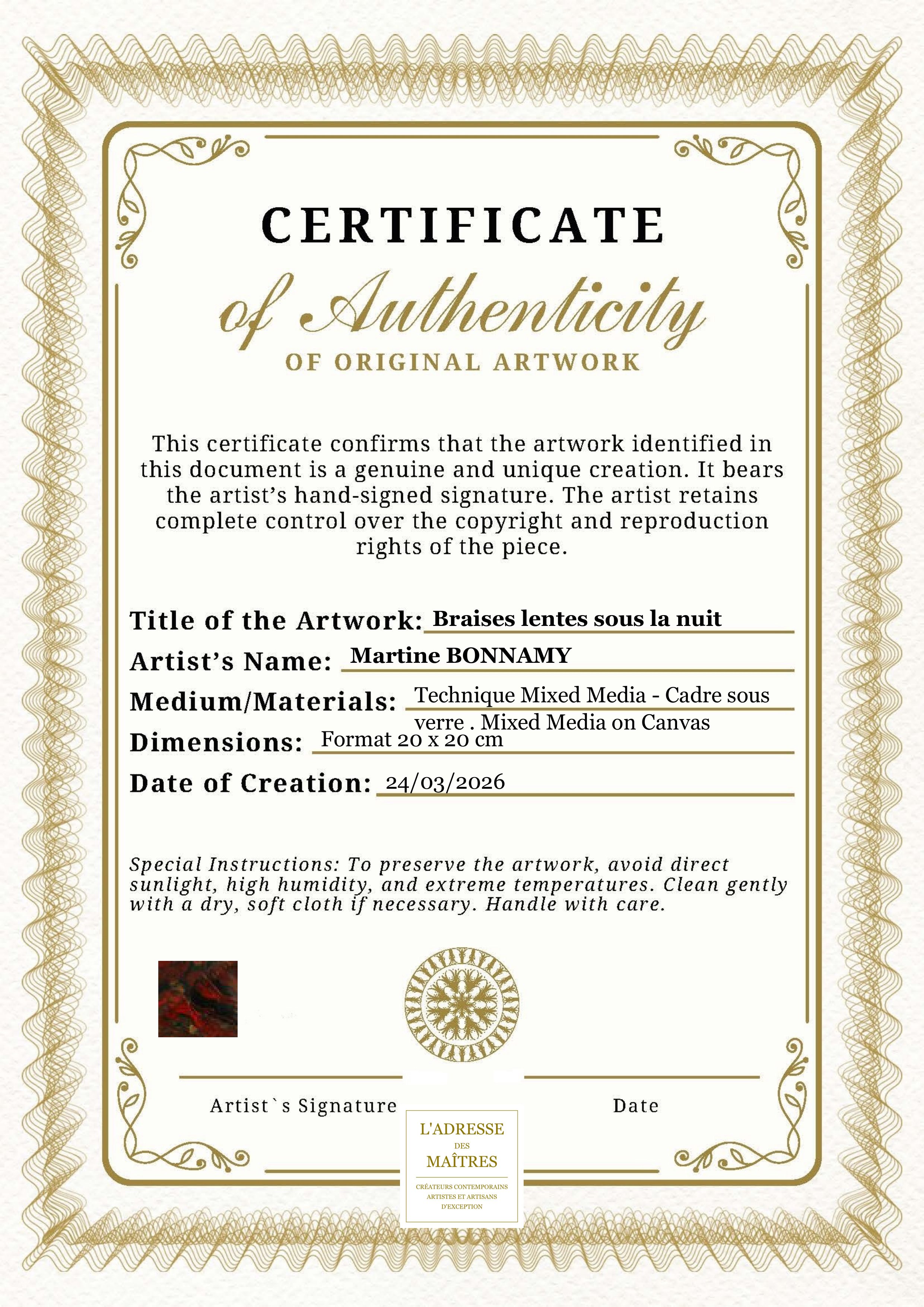 Certificat d'authenticité — Braises lentes sous la nuit — Martine BONNAMY