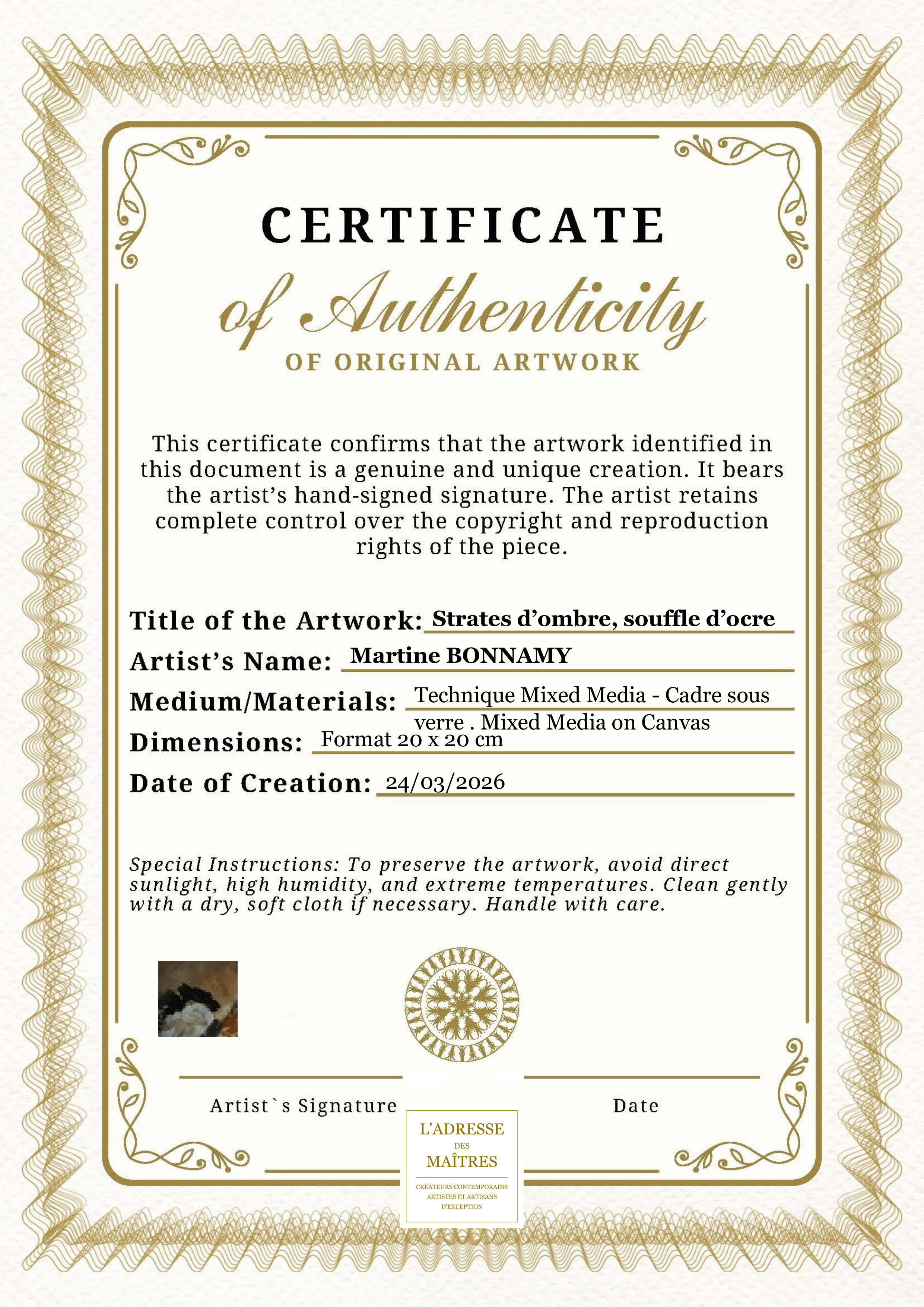 Certificat d'authenticité — Strates d’ombre, souffle d’ocre — Martine BONNAMY