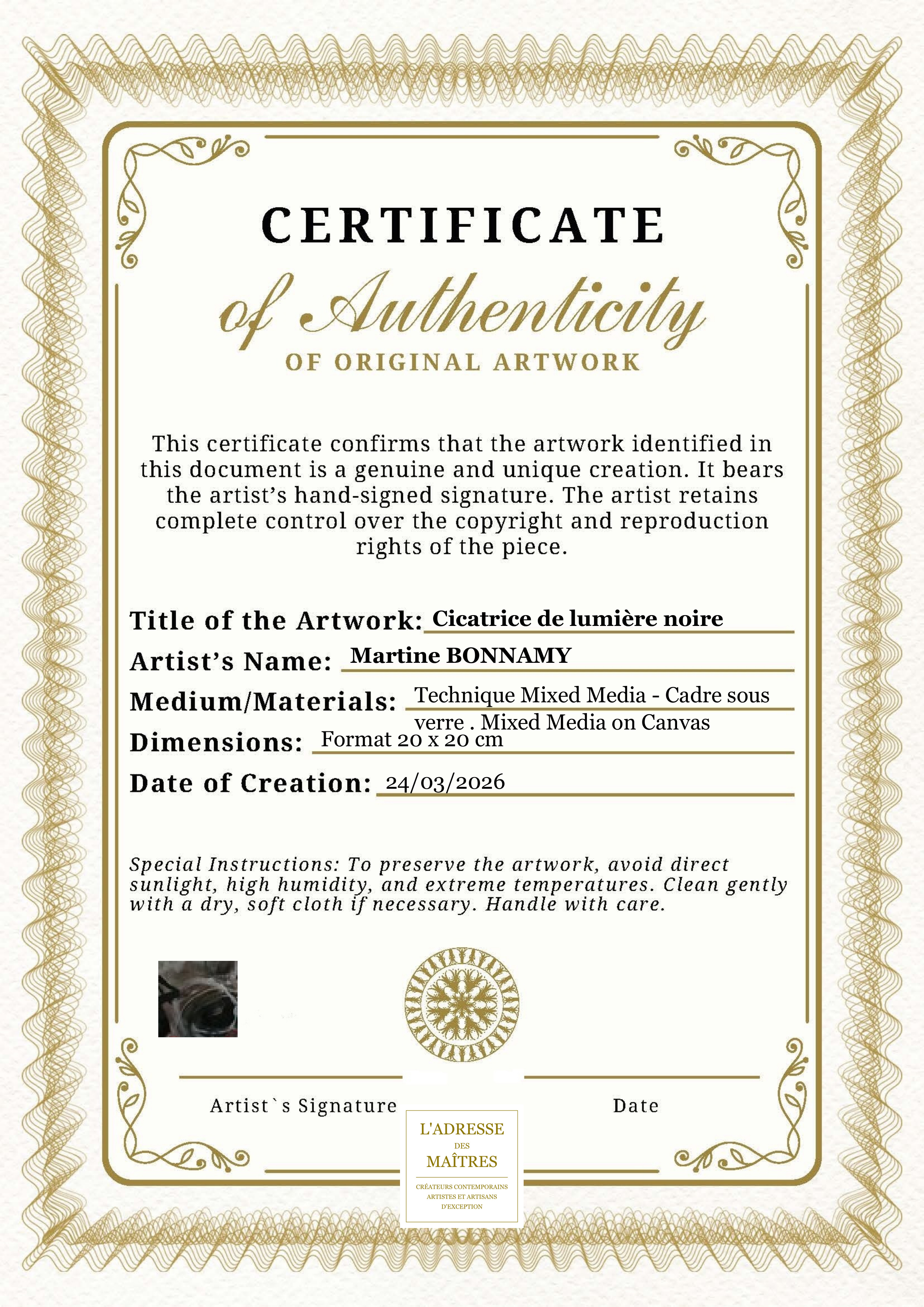 Certificat d'authenticité — Cicatrice de lumière noire — Martine BONNAMY