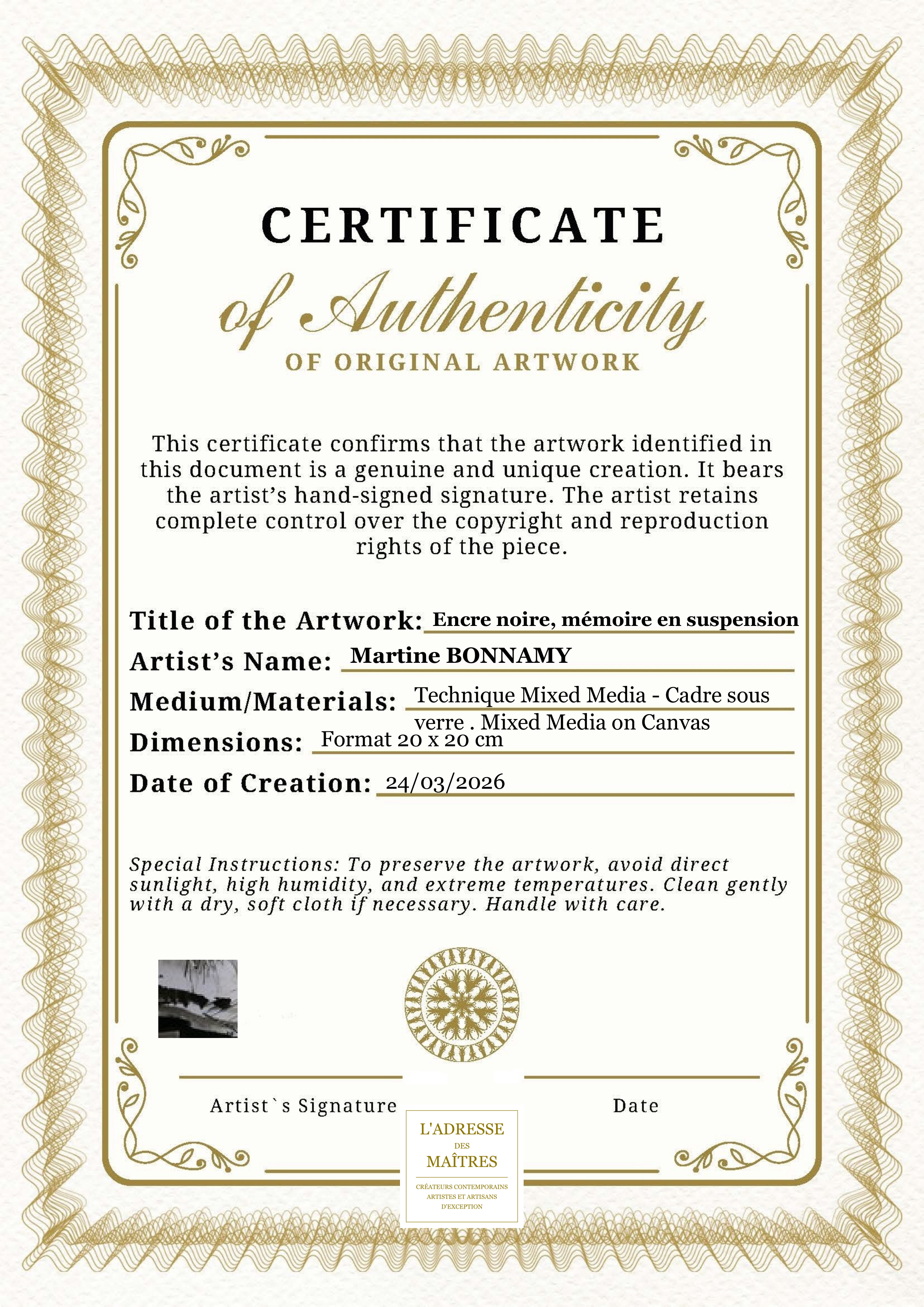 Certificat d'authenticité — Encre noire, mémoire en suspension — Martine BONNAMY