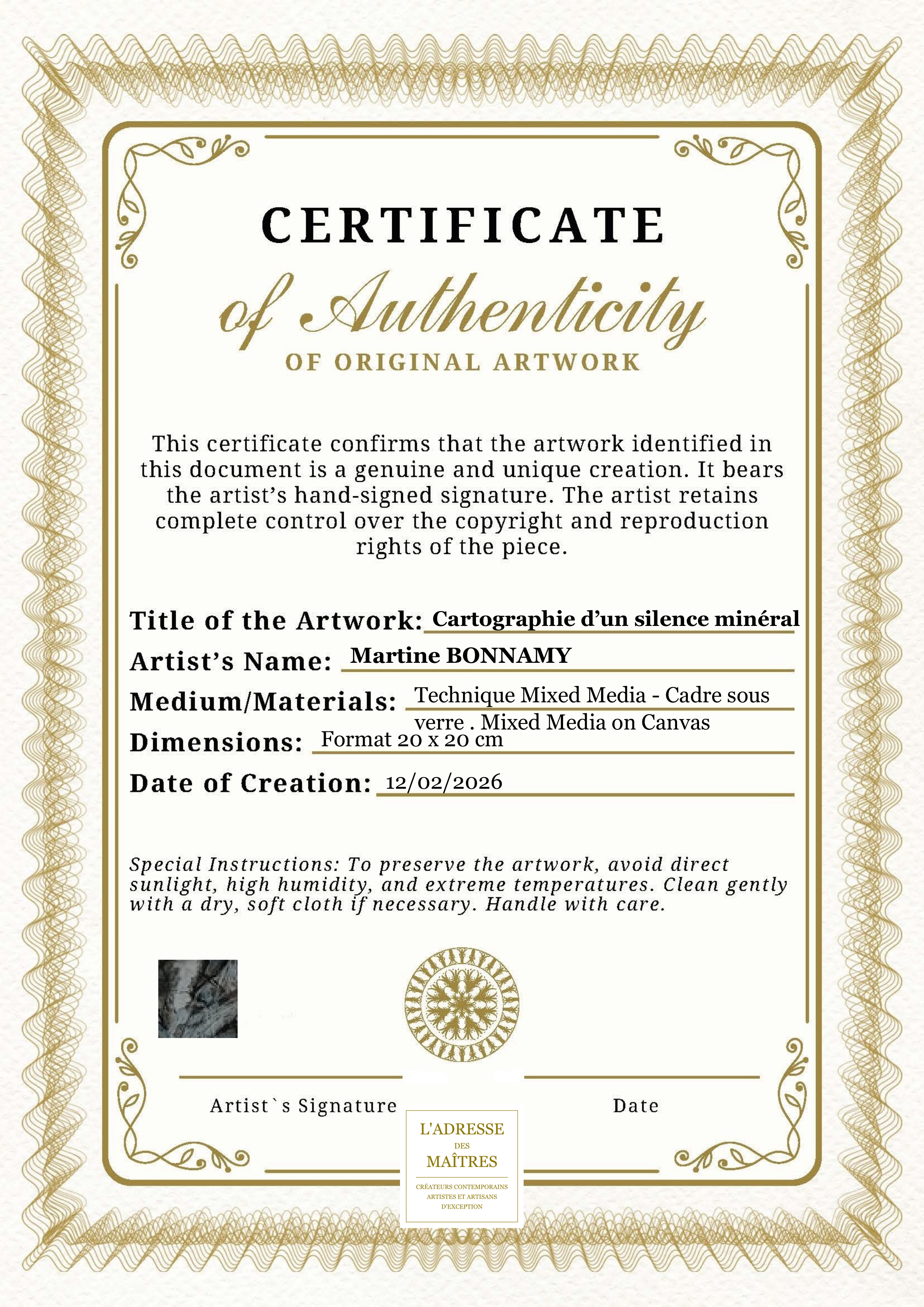 Certificat d'authenticité — Cartographie d’un silence minéral — Martine BONNAMY