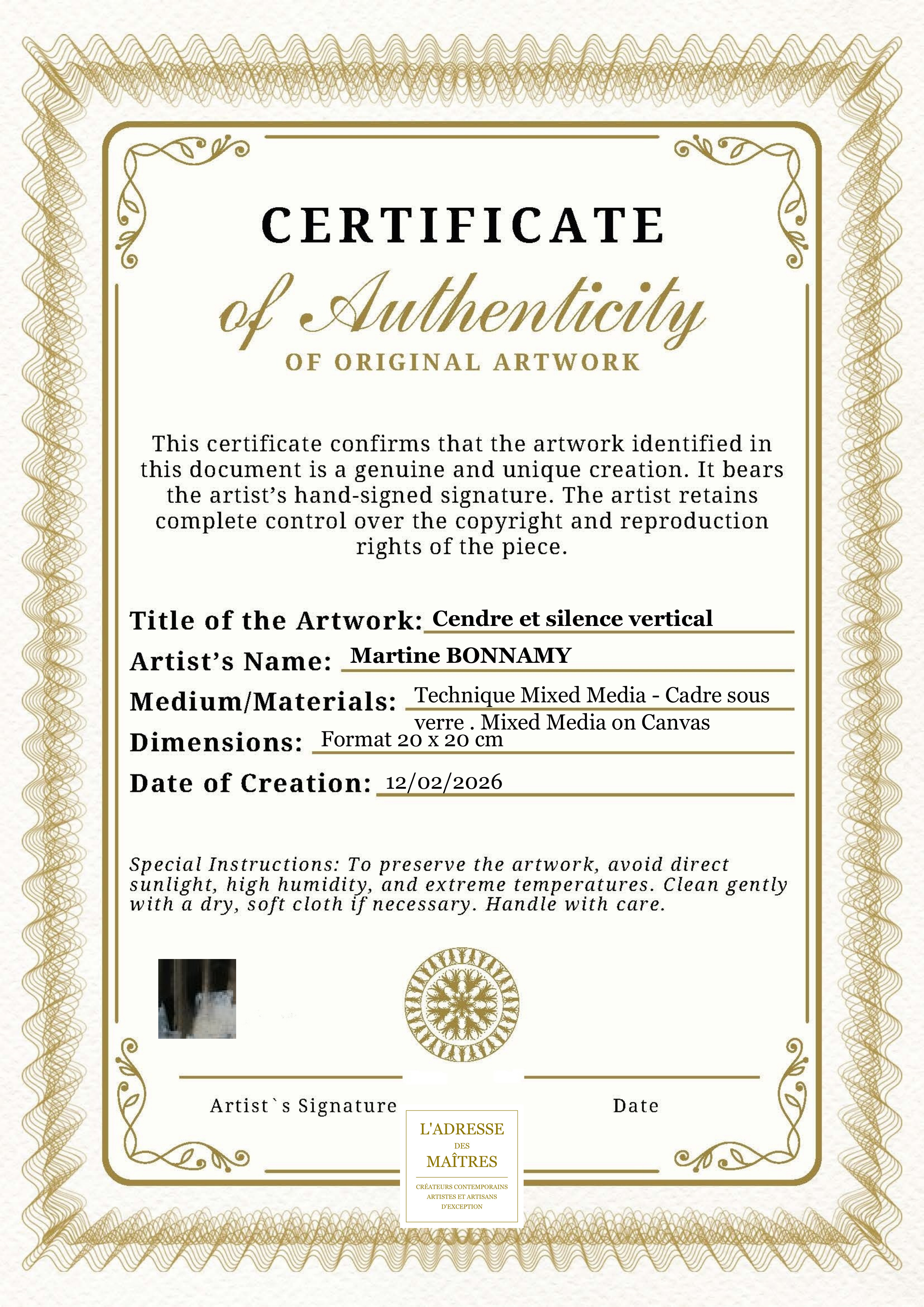 Certificat d'authenticité — Cendre et silence vertical — Martine BONNAMY