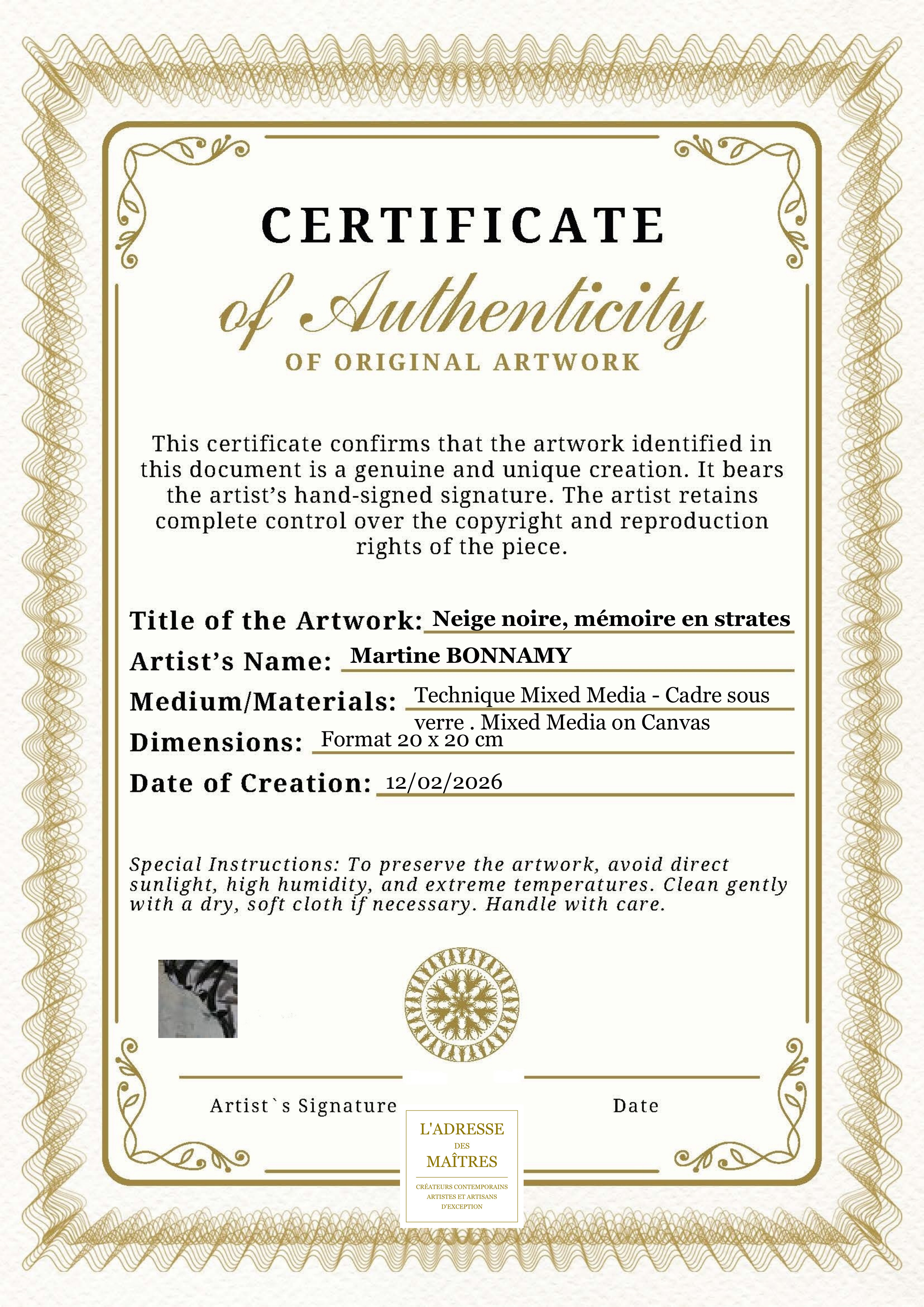 Certificat d'authenticité — Neige noire, mémoire en strates — Martine BONNAMY