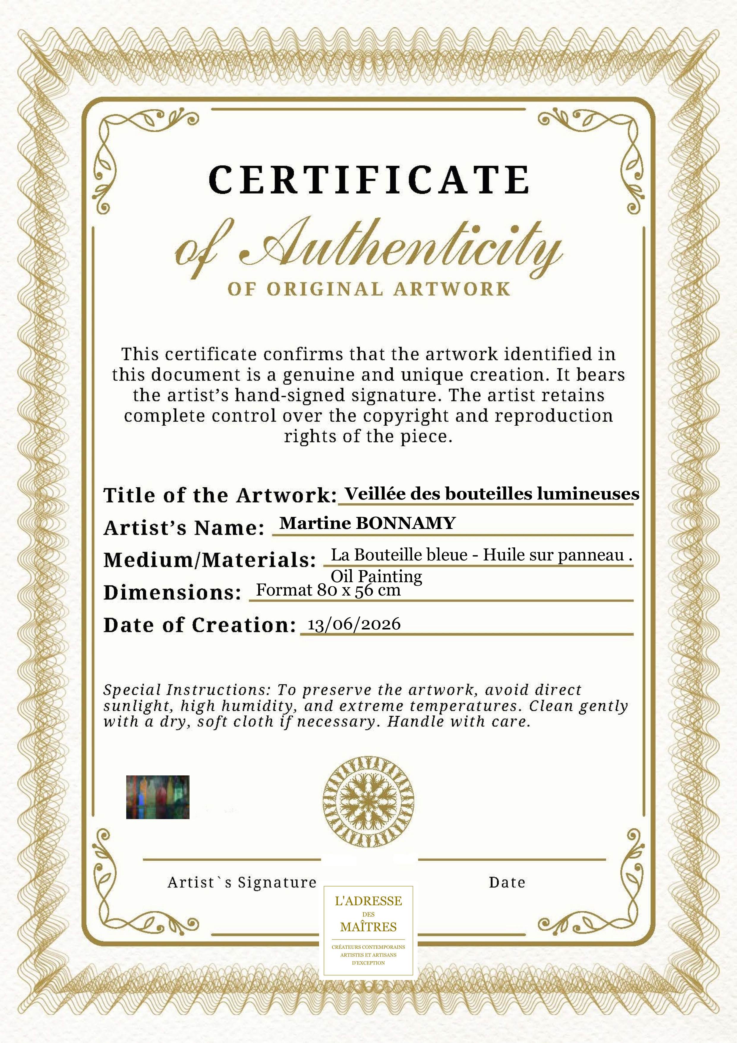 Certificat d'authenticité — Veillée des bouteilles lumineuses — Martine BONNAMY