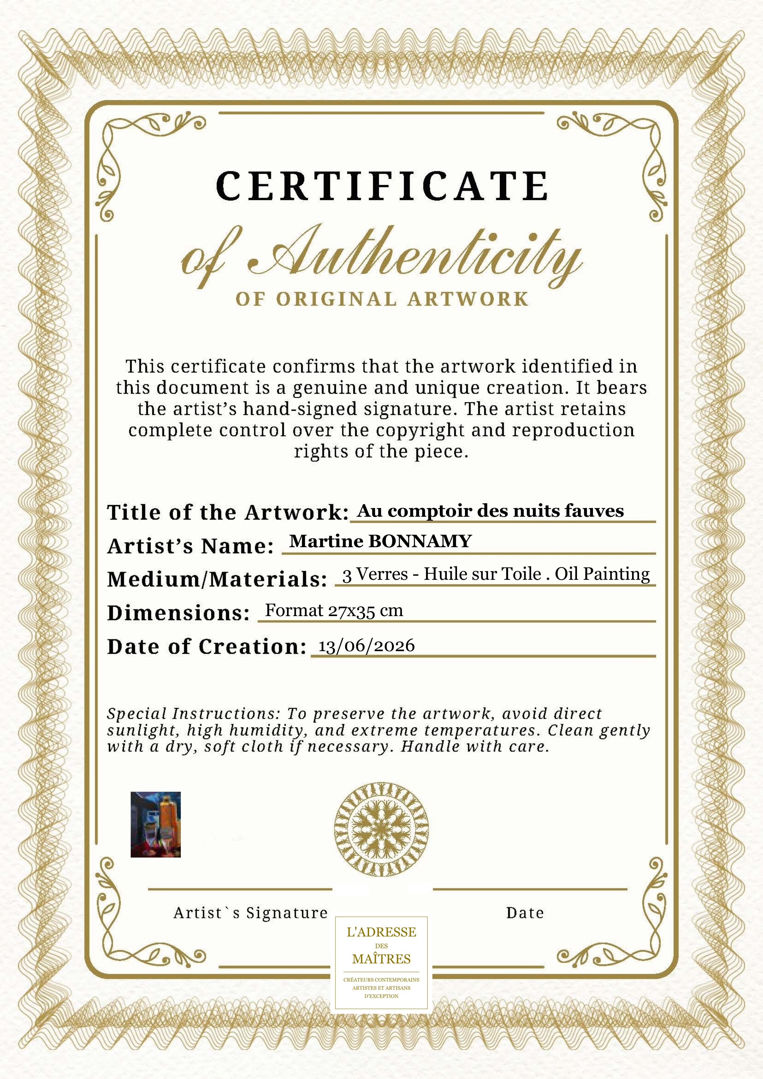 Certificat d'authenticité — Au comptoir des nuits fauves — Martine BONNAMY