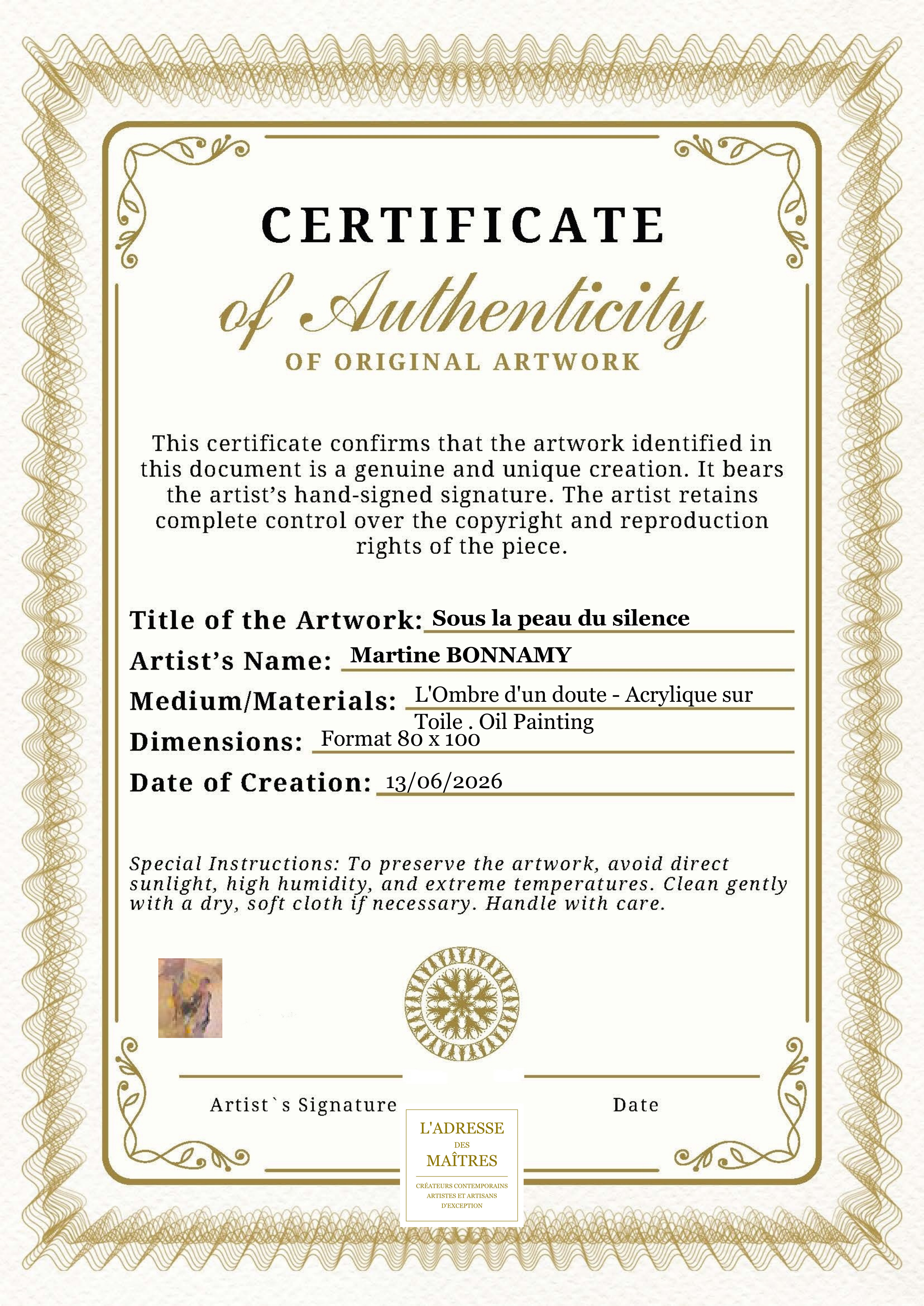 Certificat d'authenticité — Sous la peau du silence — Martine BONNAMY