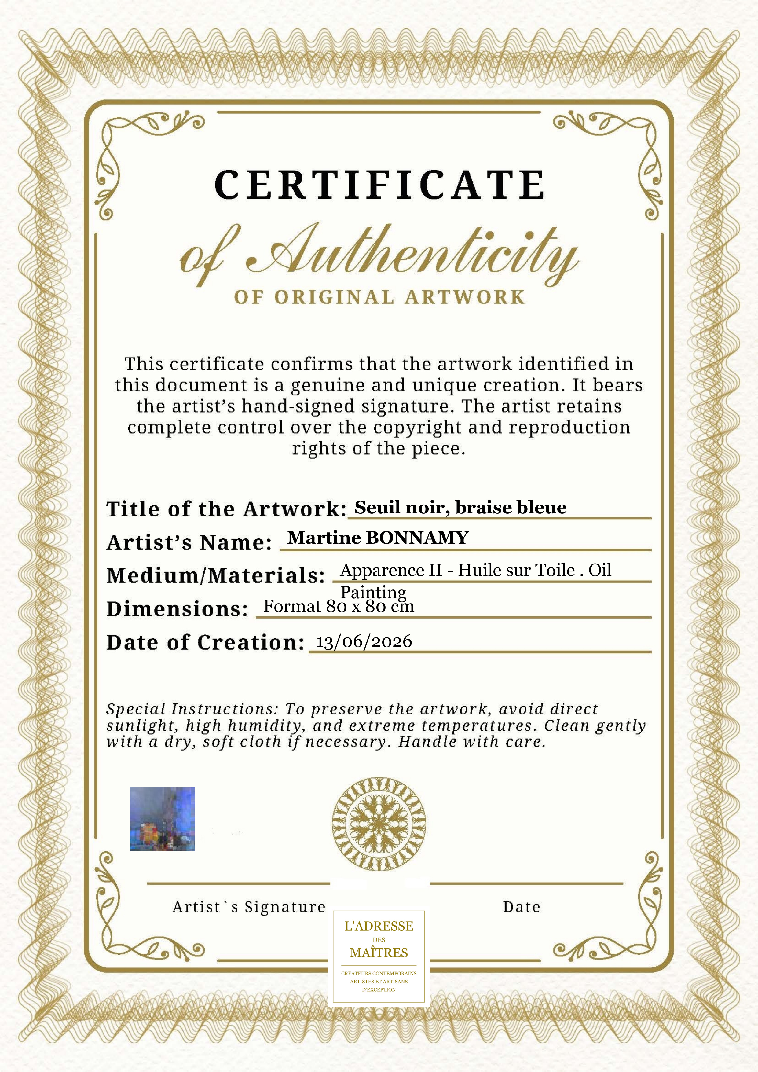 Certificat d'authenticité — Seuil noir, braise bleue — Martine BONNAMY