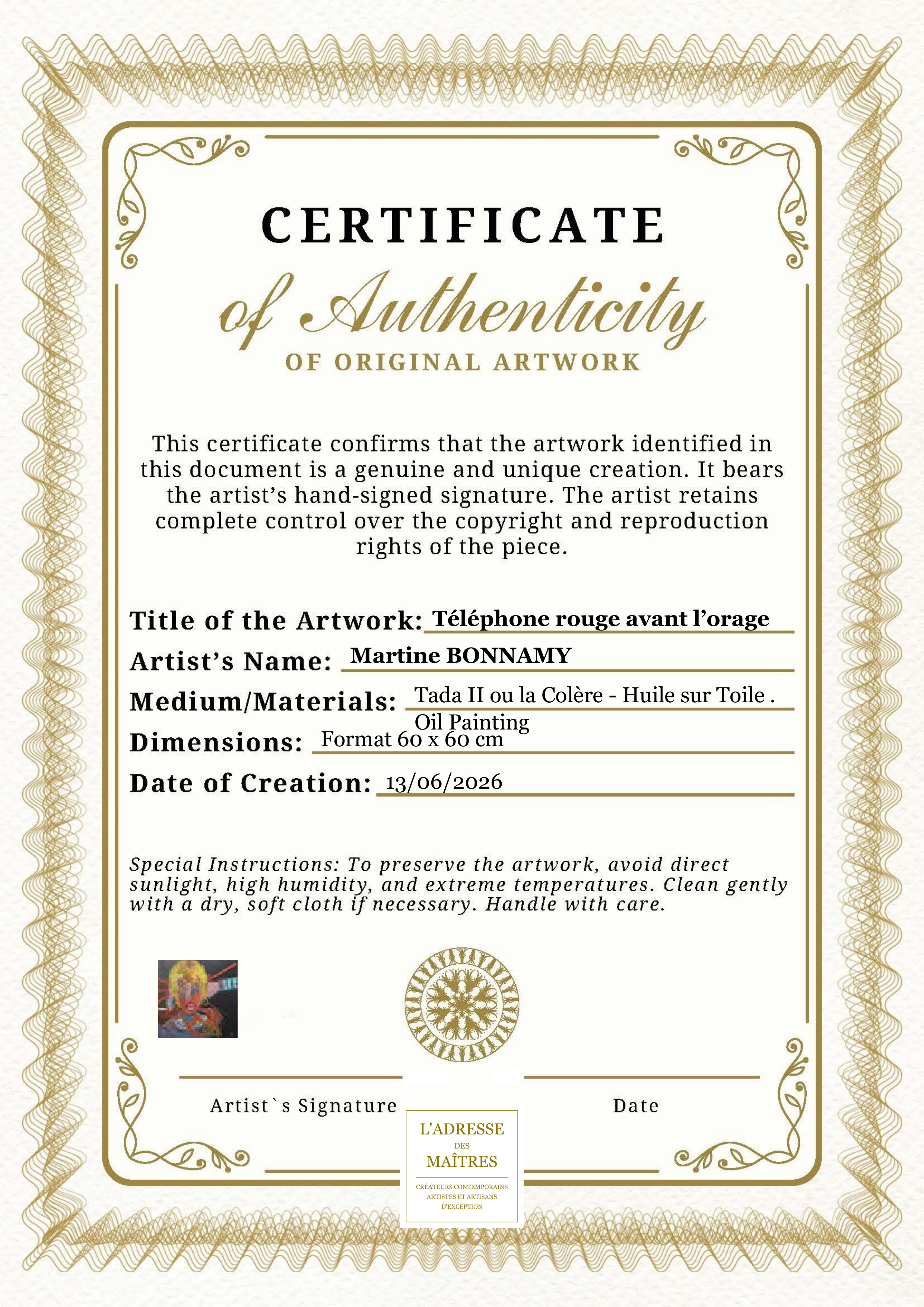 Certificat d'authenticité — Téléphone rouge avant l’orage — Martine BONNAMY