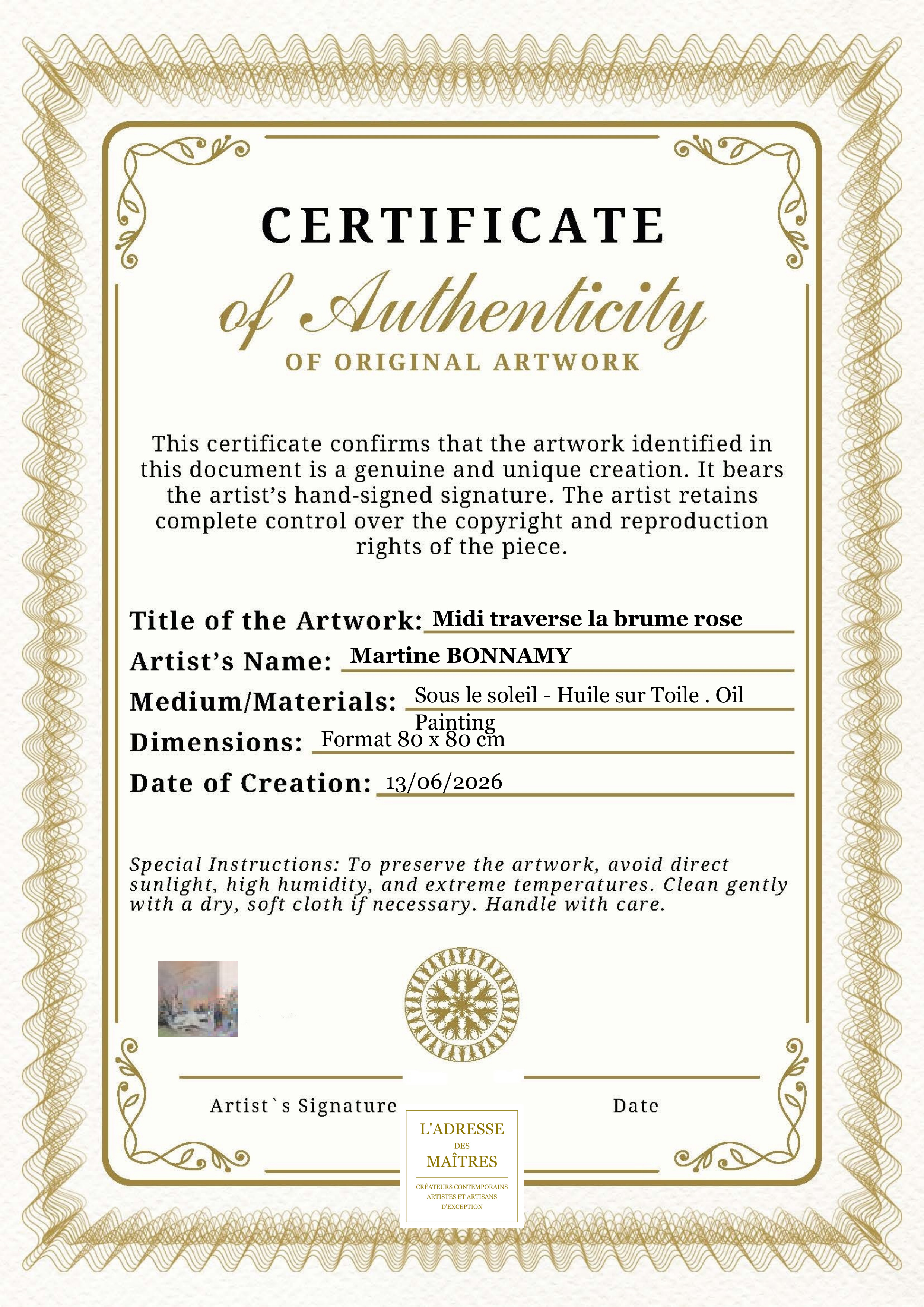 Certificat d'authenticité — Midi traverse la brume rose — Martine BONNAMY