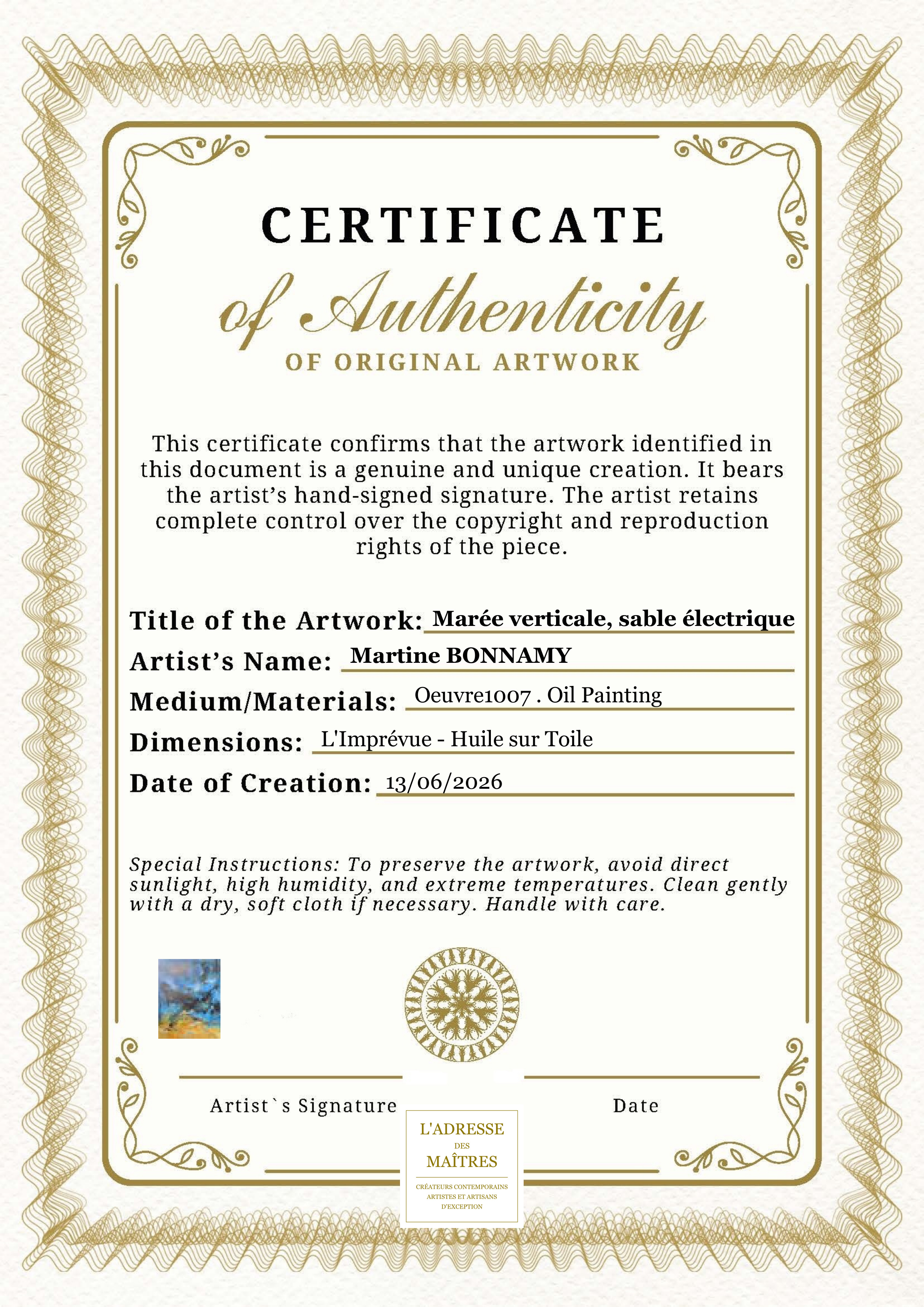 Certificat d'authenticité — Marée verticale, sable électrique — Martine BONNAMY