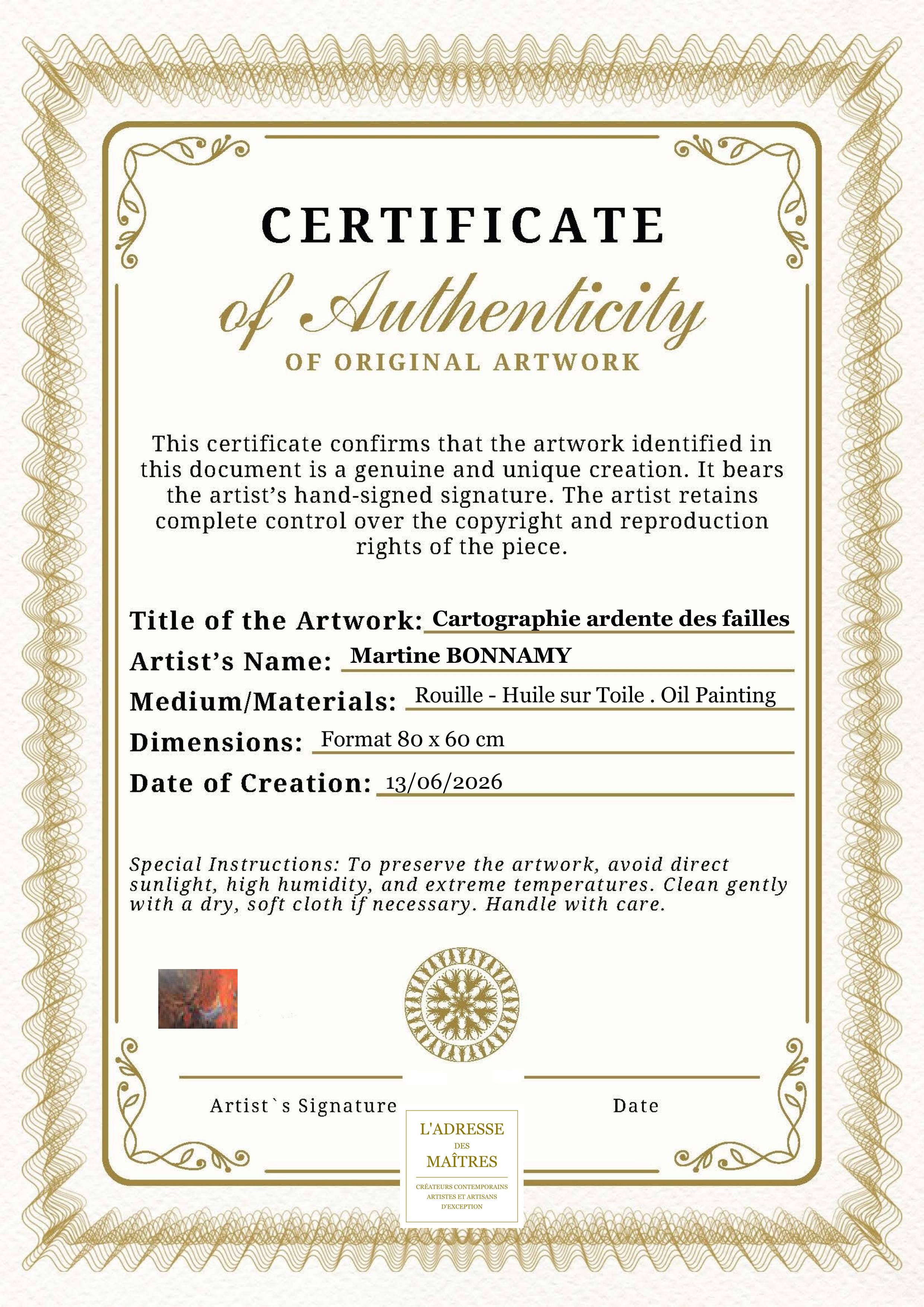 Certificat d'authenticité — Cartographie ardente des failles — Martine BONNAMY
