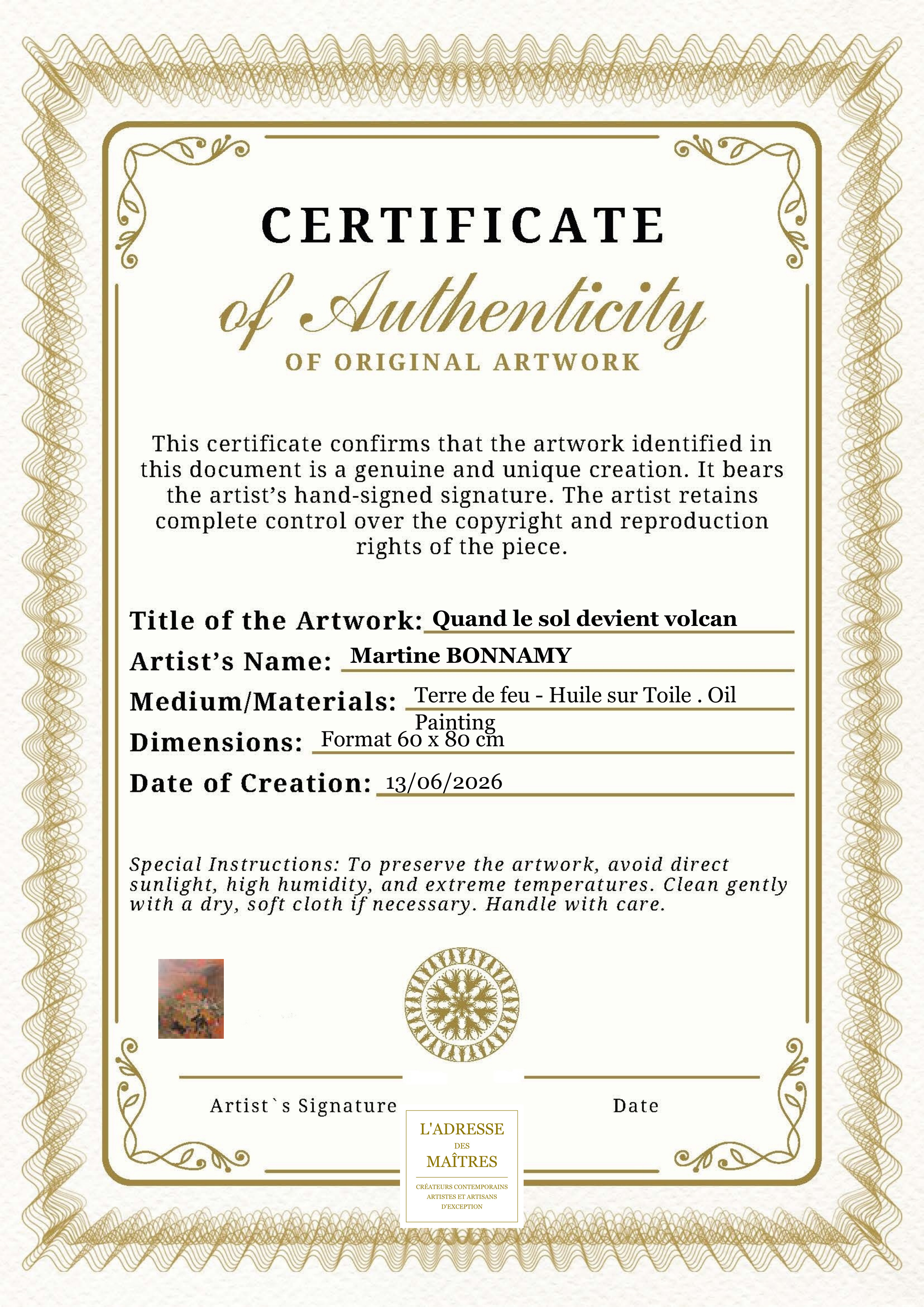 Certificat d'authenticité — Quand le sol devient volcan — Martine BONNAMY