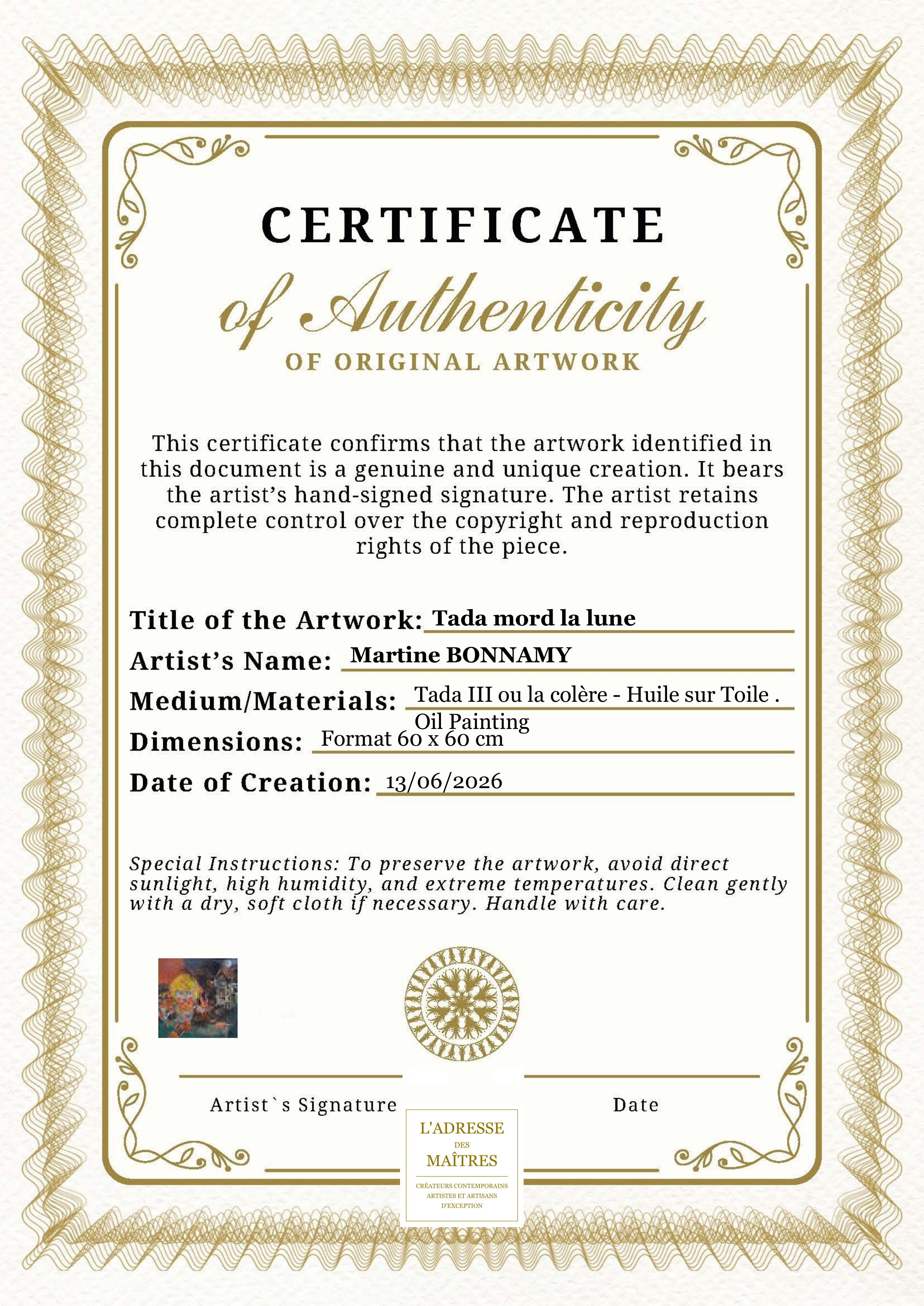 Certificat d'authenticité — Tada mord la lune — Martine BONNAMY