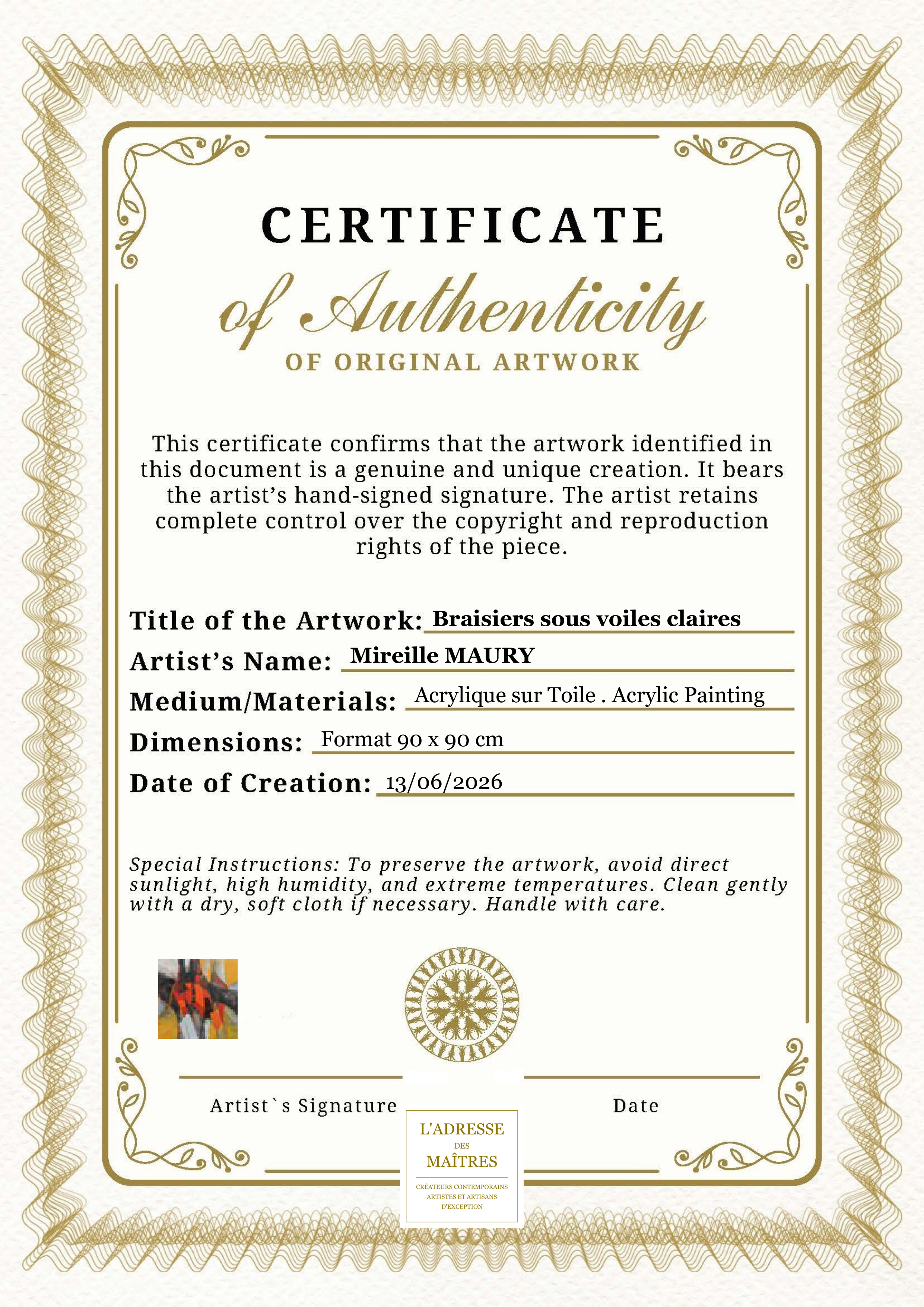 Certificat d'authenticité — Braisiers sous voiles claires — Mireille MAURY