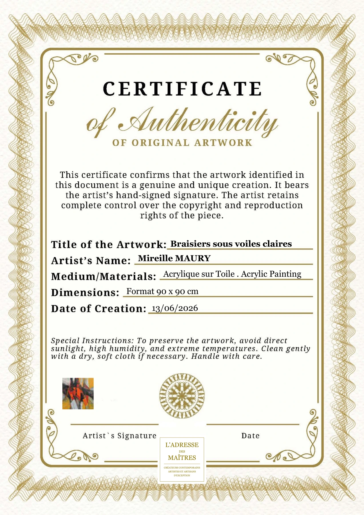 Certificat d'authenticité — Braisiers sous voiles claires — Mireille MAURY