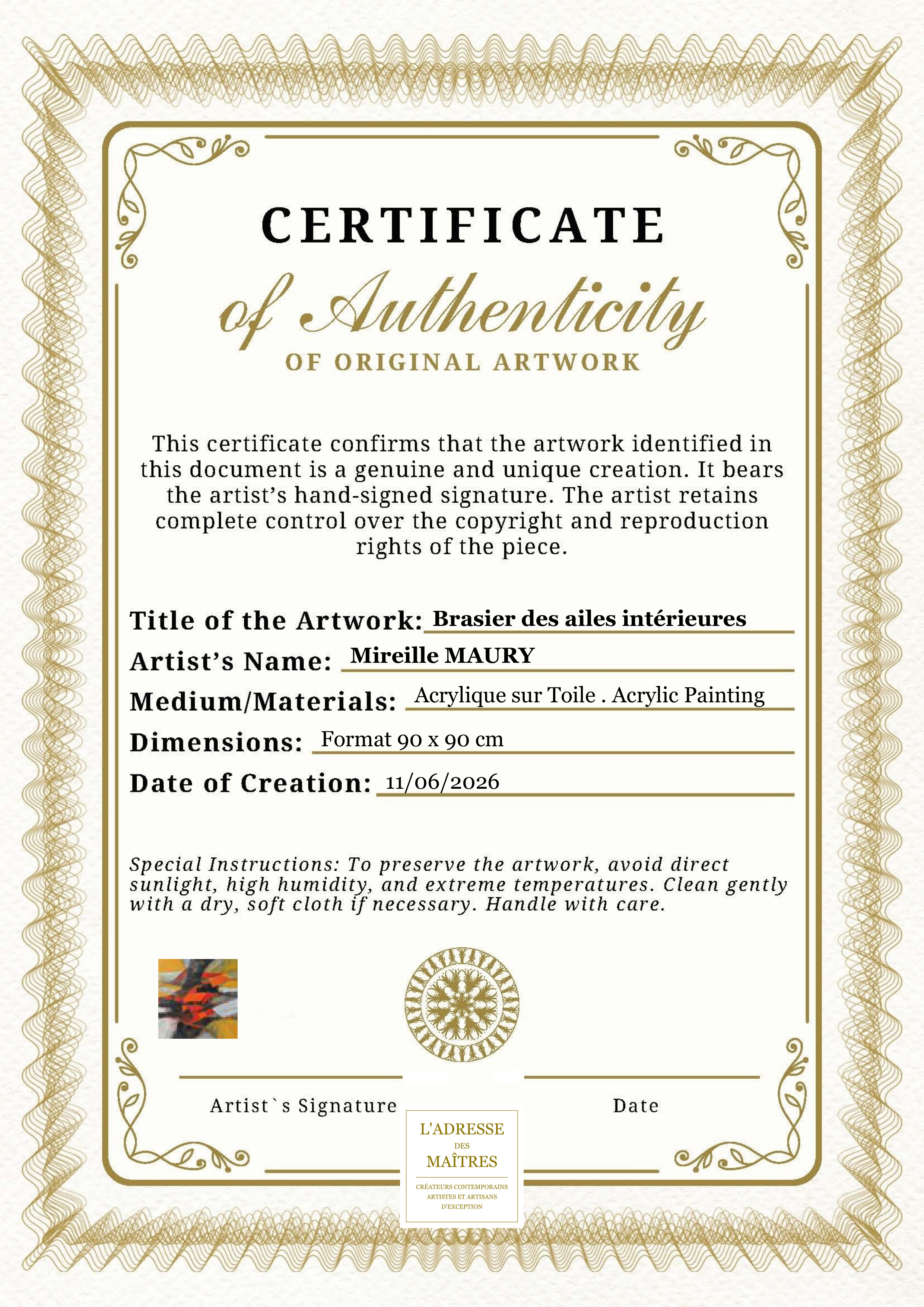 Certificat d'authenticité — Brasier des ailes intérieures — Mireille MAURY