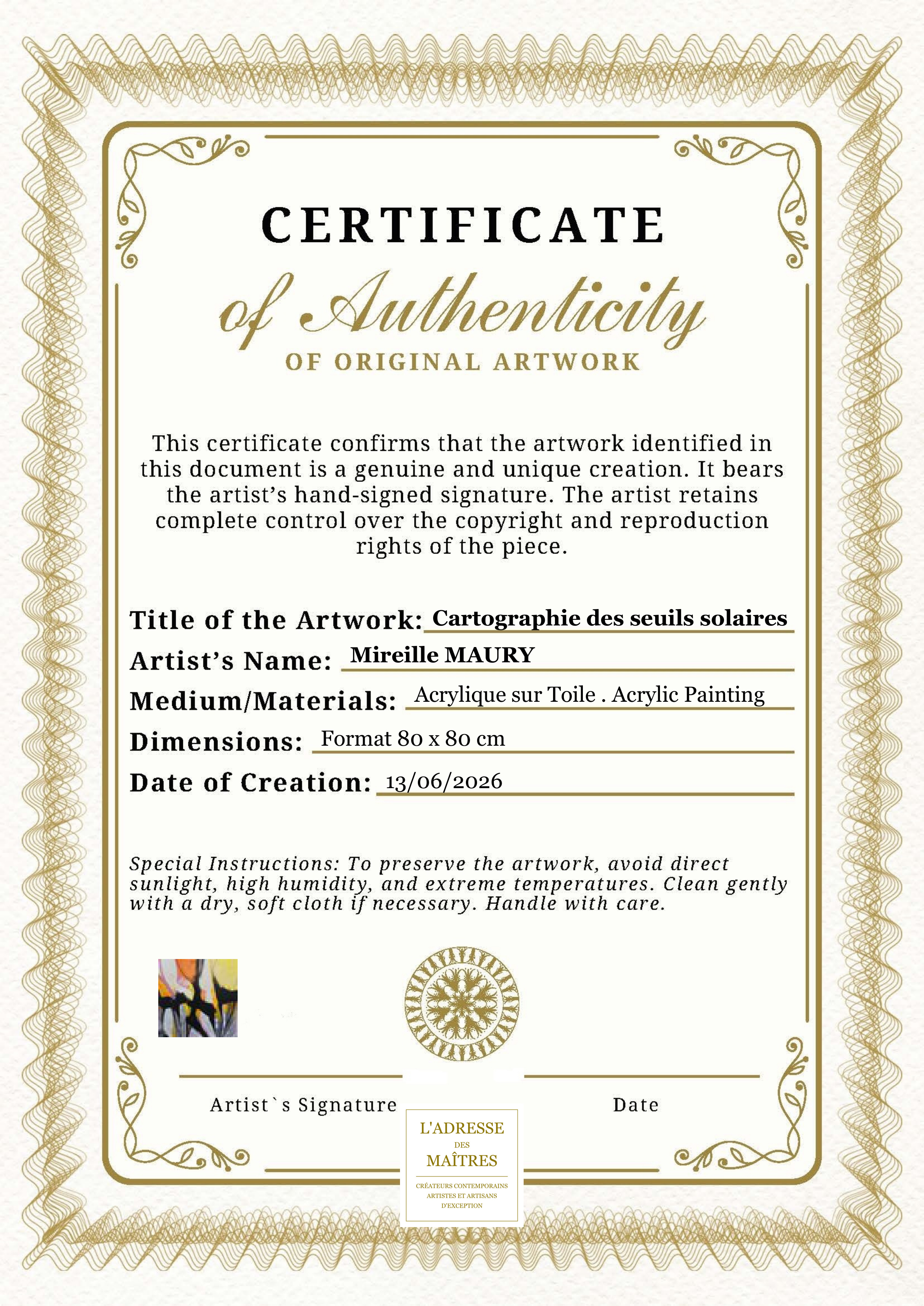 Certificat d'authenticité — Cartographie des seuils solaires — Mireille MAURY