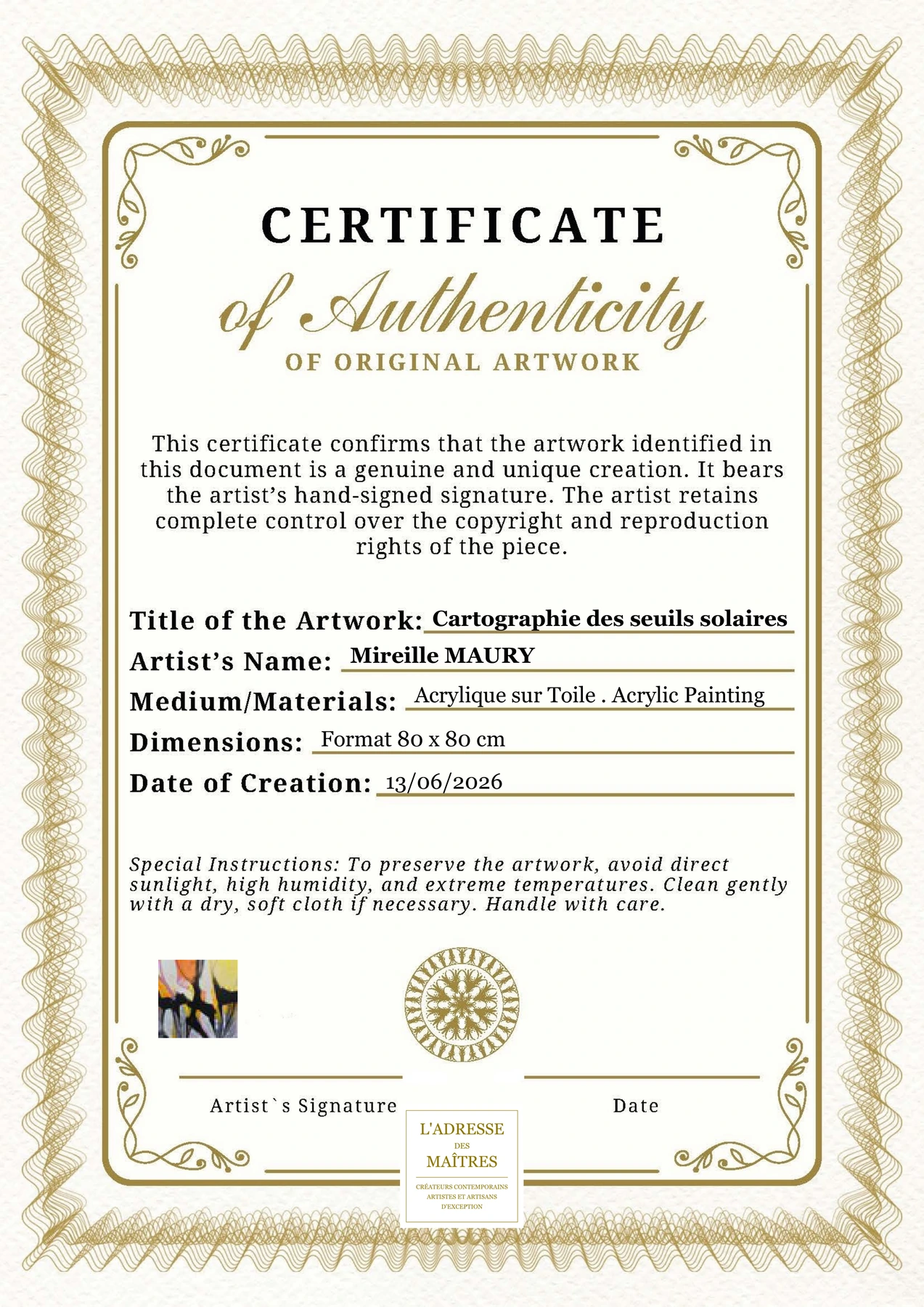 Certificat d'authenticité — Cartographie des seuils solaires — Mireille MAURY