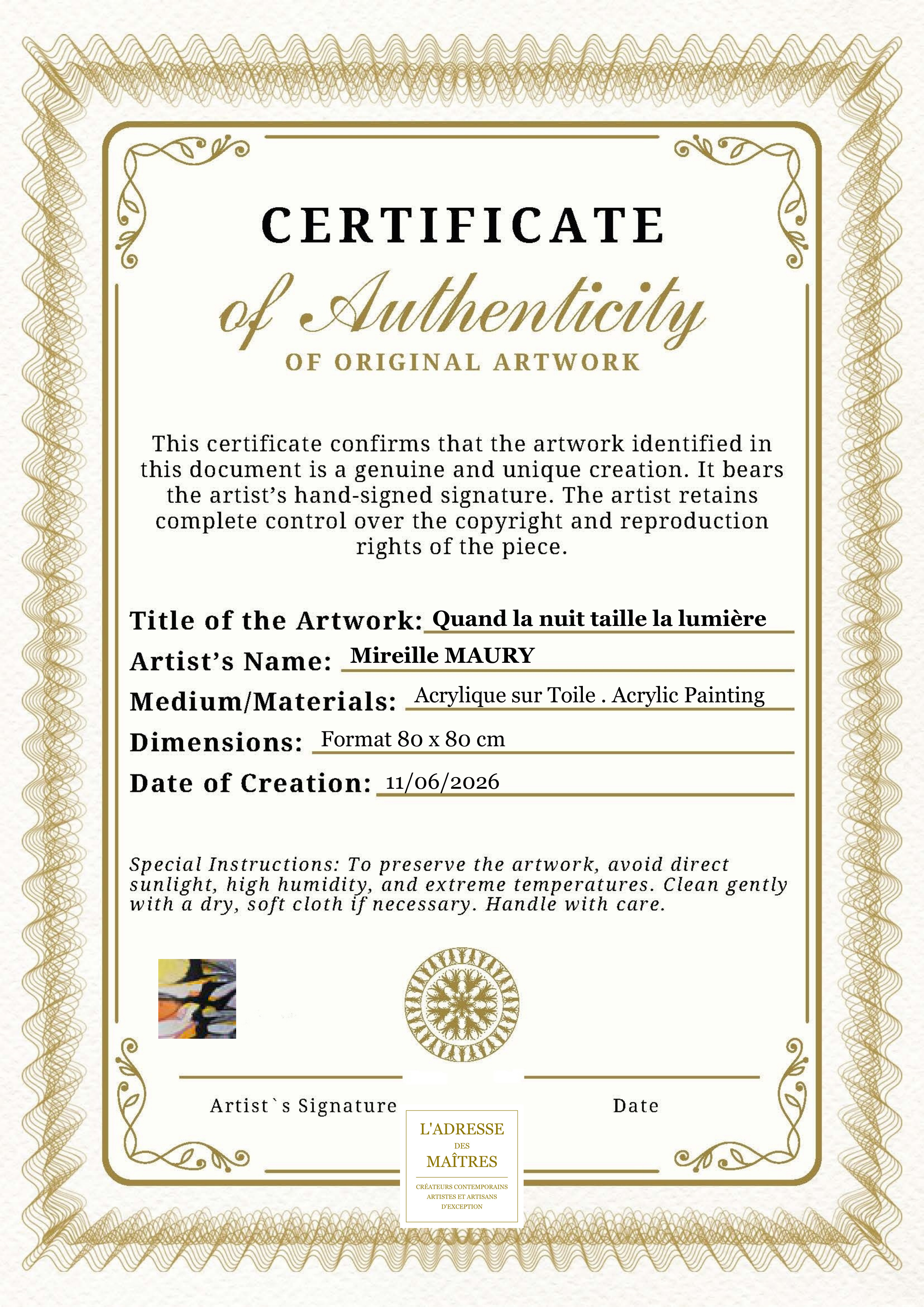 Certificat d'authenticité — Quand la nuit taille la lumière — Mireille MAURY