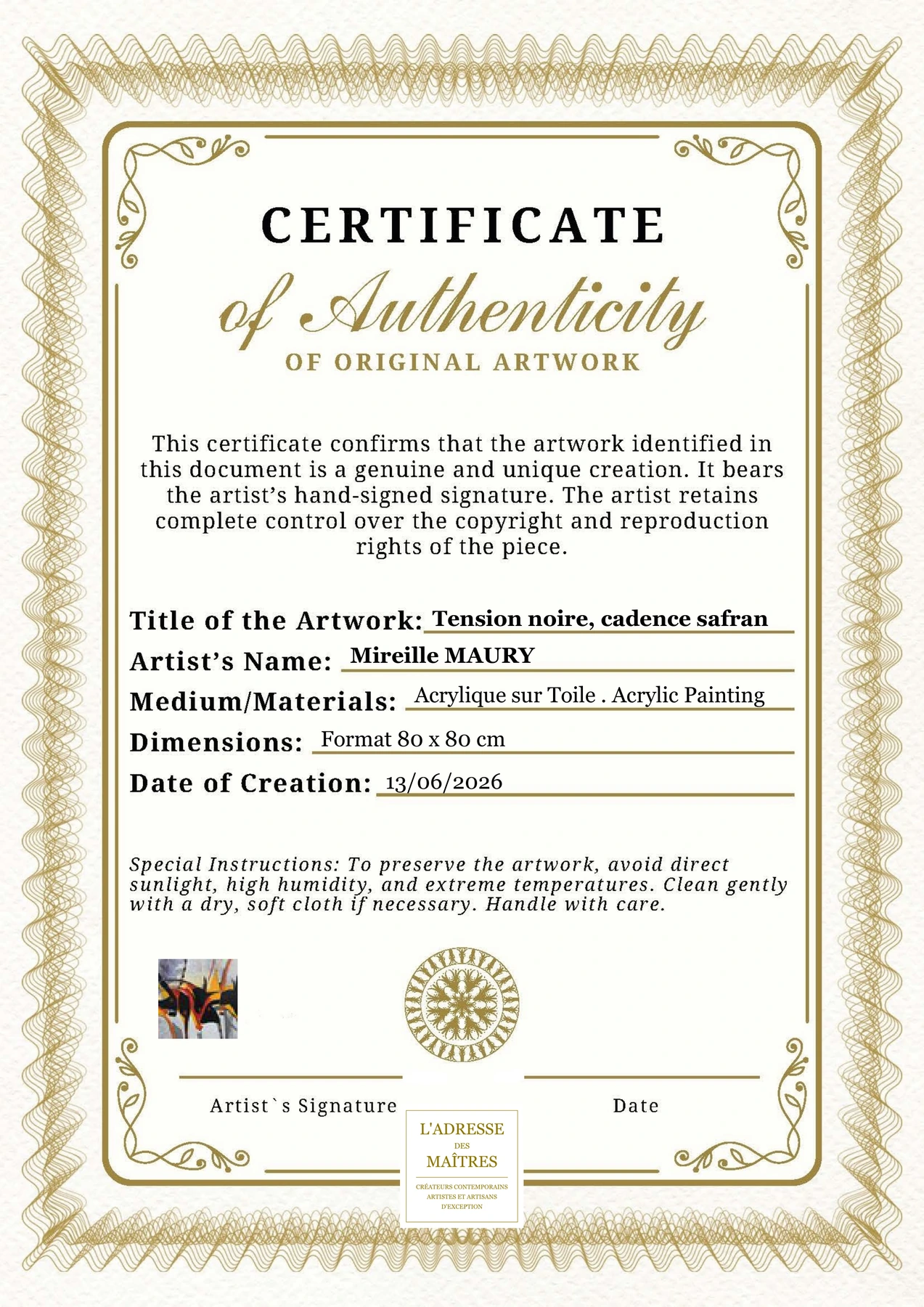 Certificat d'authenticité — Tension noire, cadence safran — Mireille MAURY