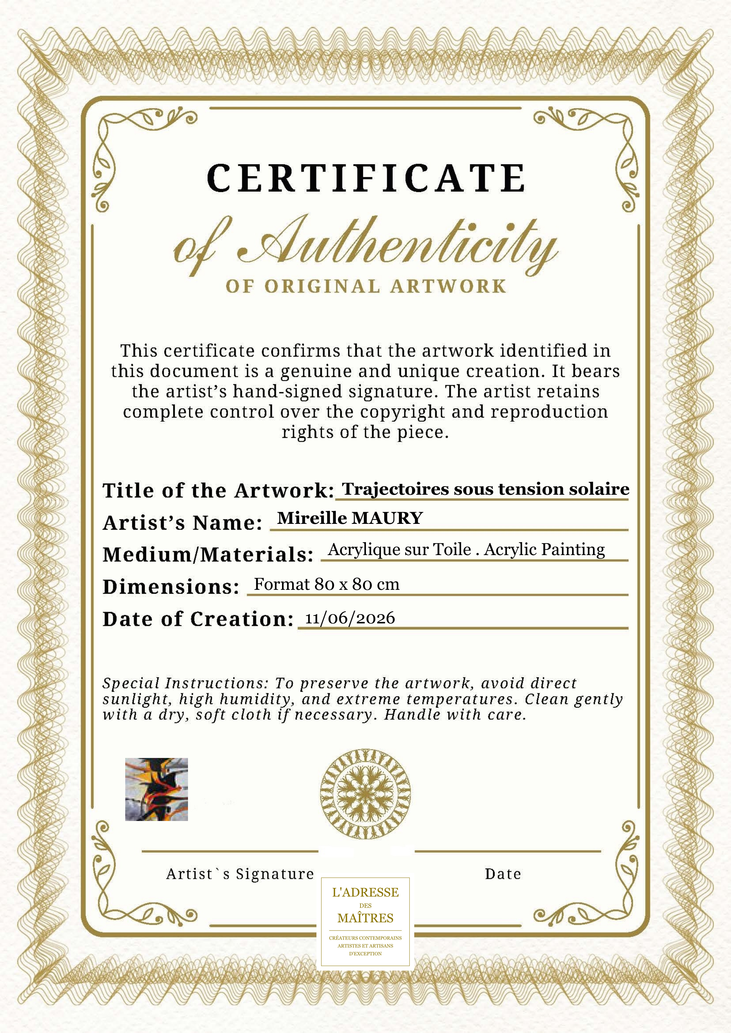 Certificat d'authenticité — Trajectoires sous tension solaire — Mireille MAURY