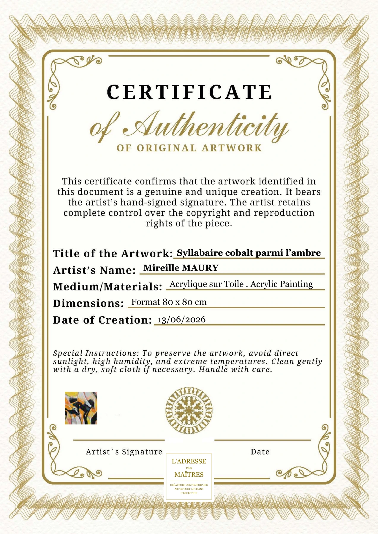 Certificat d'authenticité — Syllabaire cobalt parmi l’ambre — Mireille MAURY
