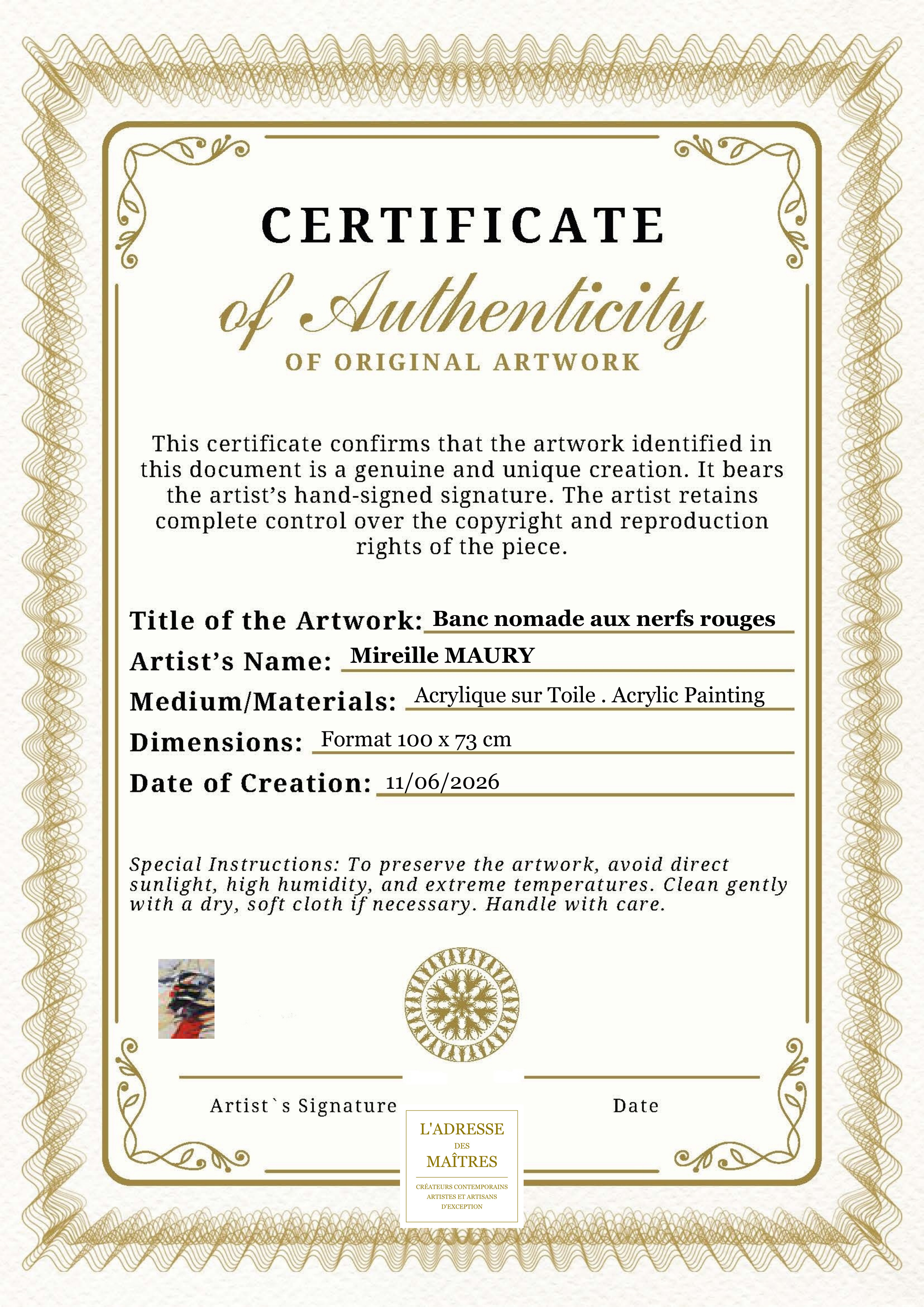 Certificat d'authenticité — Banc nomade aux nerfs rouges — Mireille MAURY