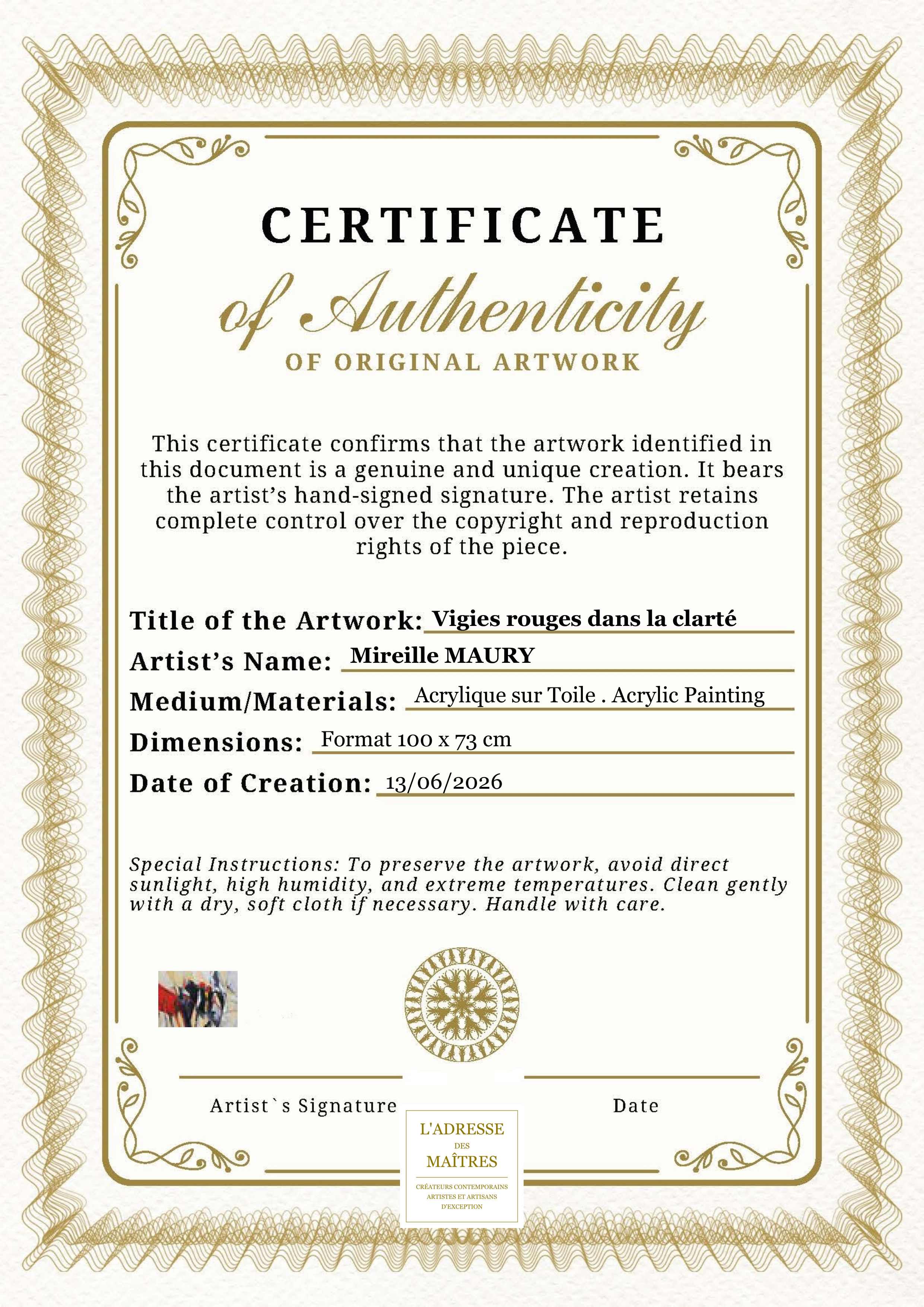 Certificat d'authenticité — Vigies rouges dans la clarté — Mireille MAURY