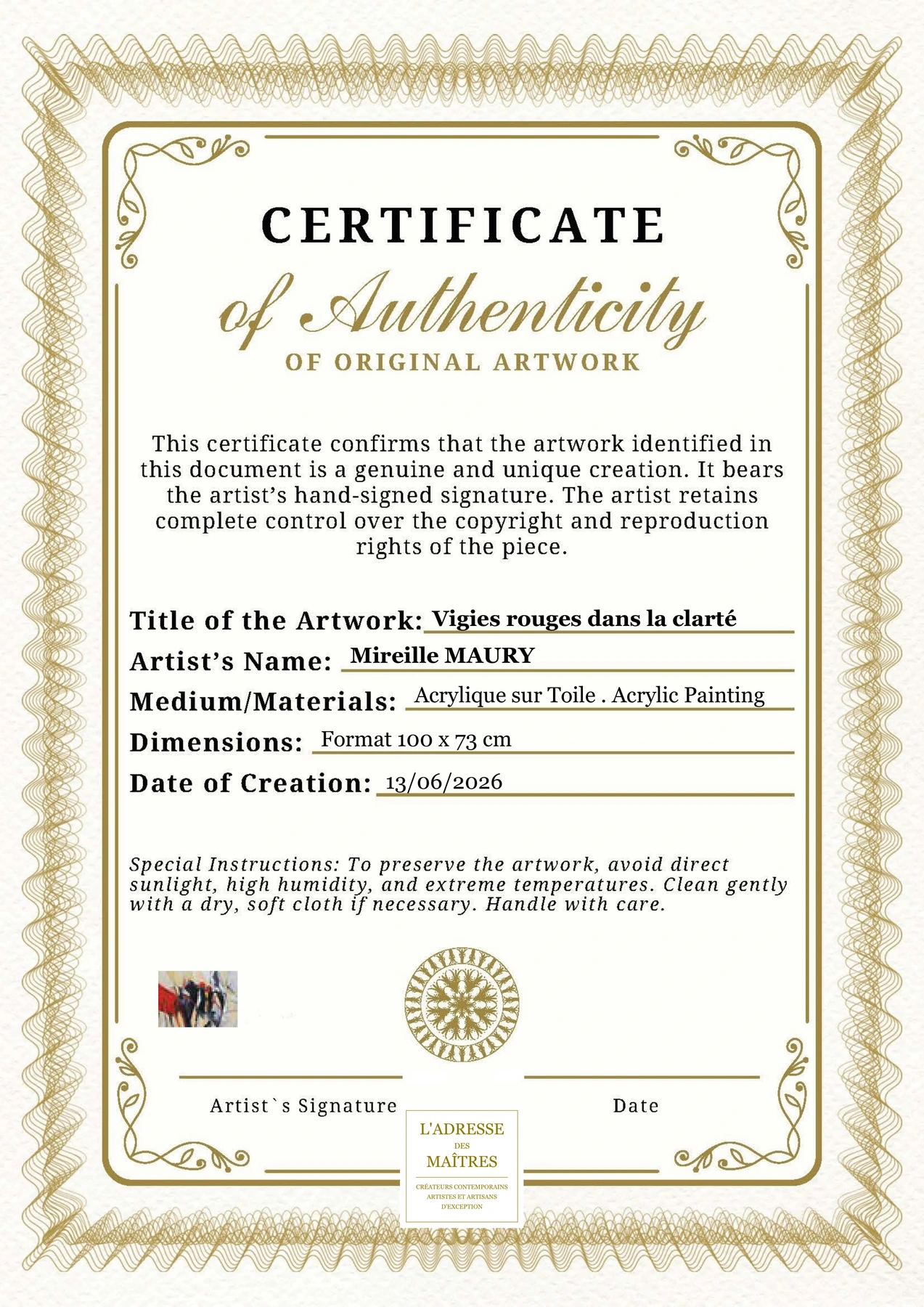 Certificat d'authenticité — Vigies rouges dans la clarté — Mireille MAURY