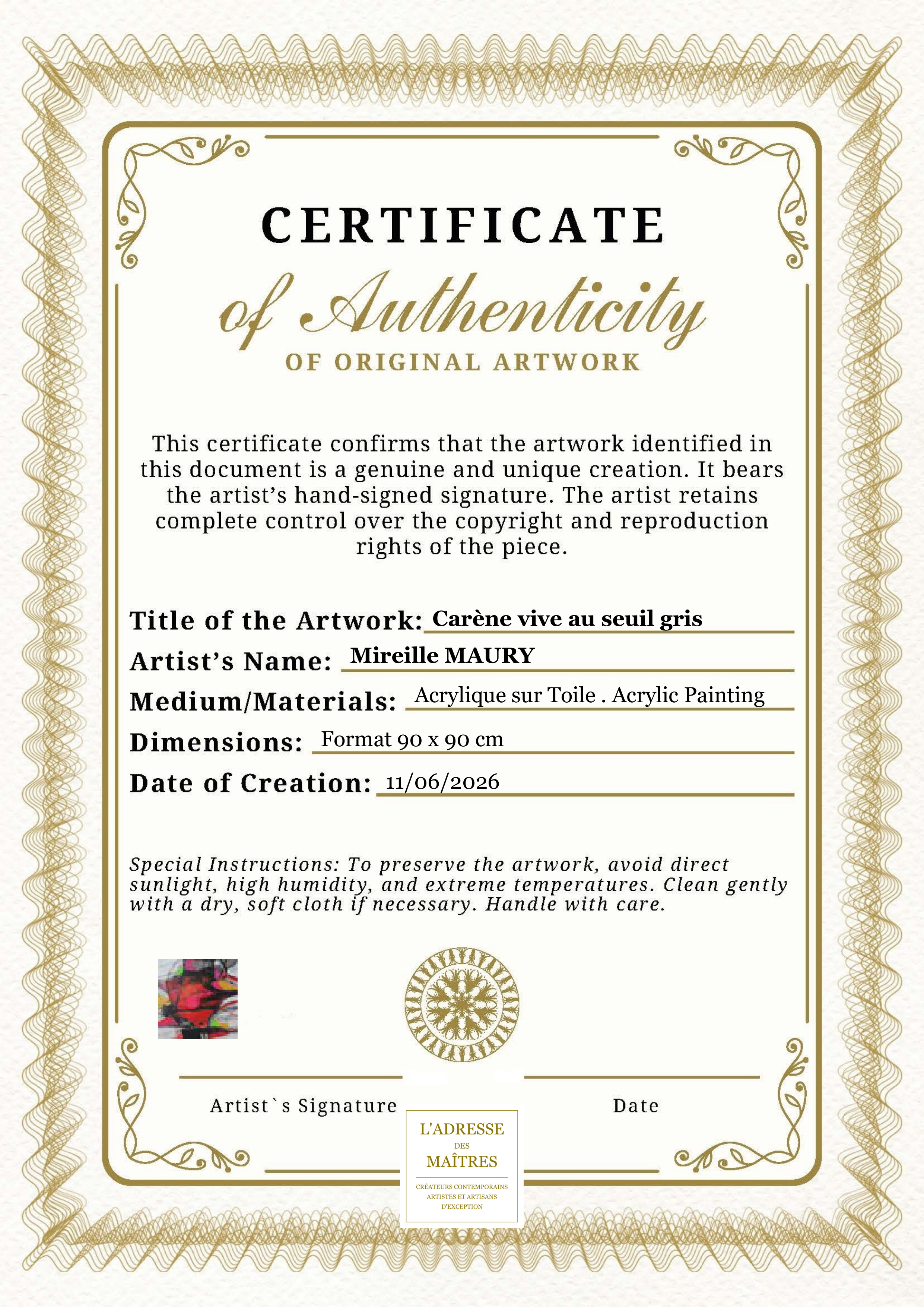 Certificat d'authenticité — Carène vive au seuil gris — Mireille MAURY