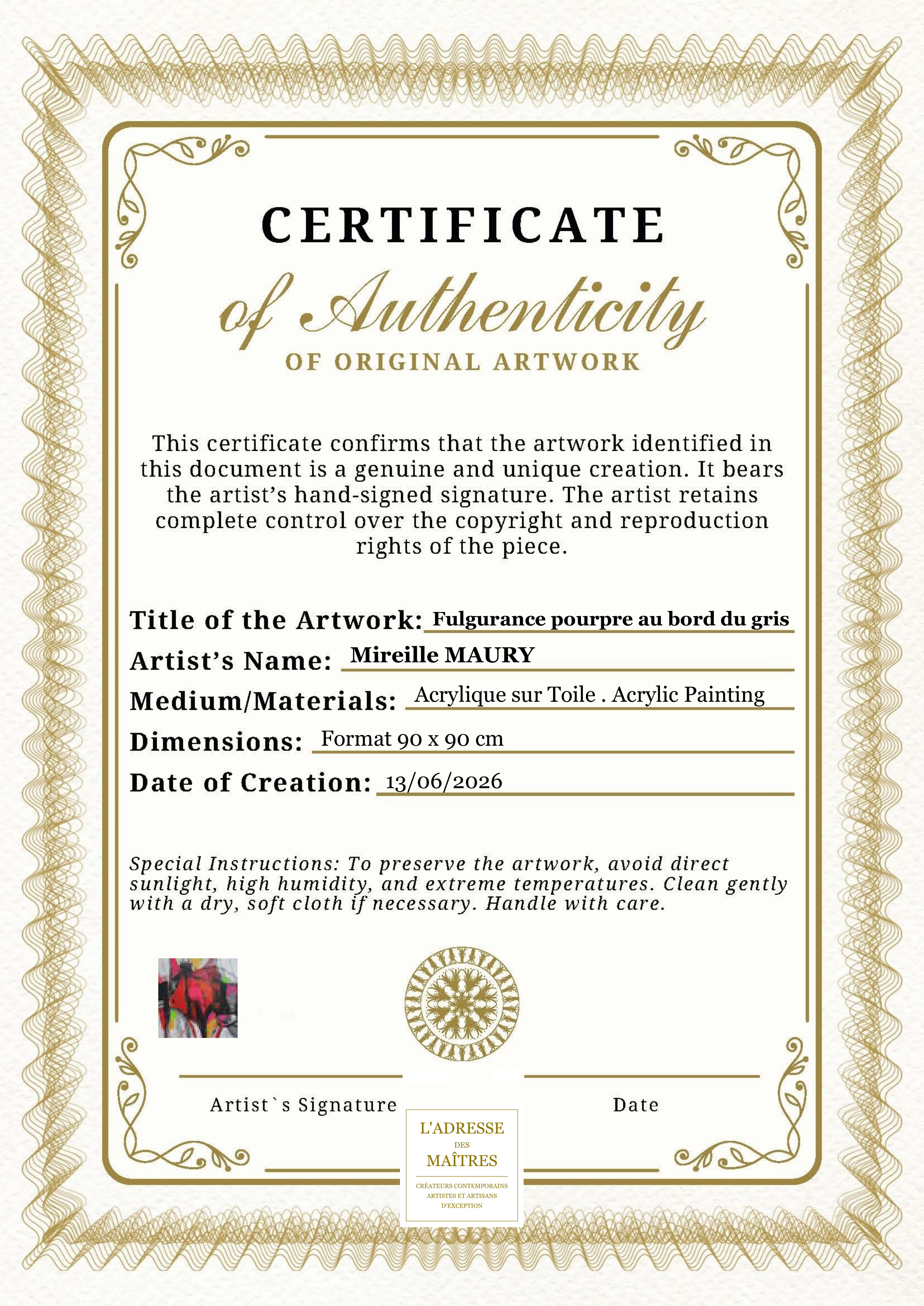 Certificat d'authenticité — Fulgurance pourpre au bord du gris — Mireille MAURY
